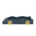 Twin Size Race Car Shaped Platform Bed With Wheels And Storage, Dark Blue Yellow Box Spring Not Required Twin Dark Blue Wood Bedroom Bed Frame Solid Wood Mdf
