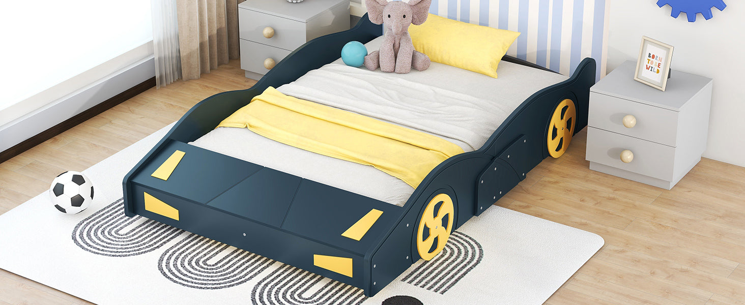 Full Size Race Car Shaped Platform Bed with Wheels and box spring not required-full-dark