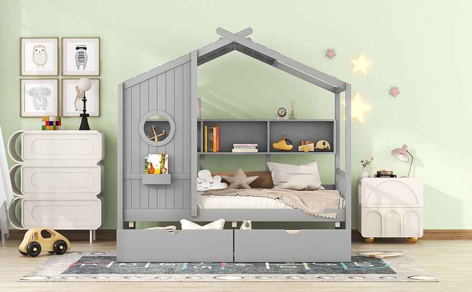 Wooden Twin Size House Bed With 2 Drawers,Kids Bed With Storage Shelf, Gray Twin Gray Solid Wood