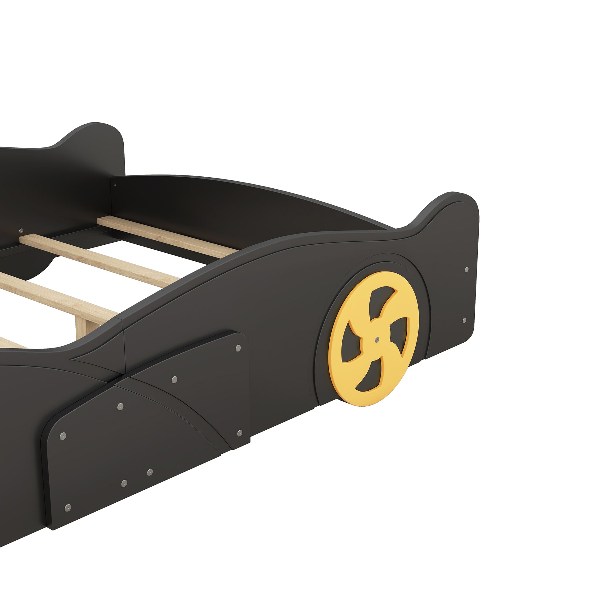 Full Size Race Car Shaped Platform Bed With Wheels And Storage, Black Yellow Box Spring Not Required Full Black Wood Bedroom Bed Frame Solid Wood Mdf