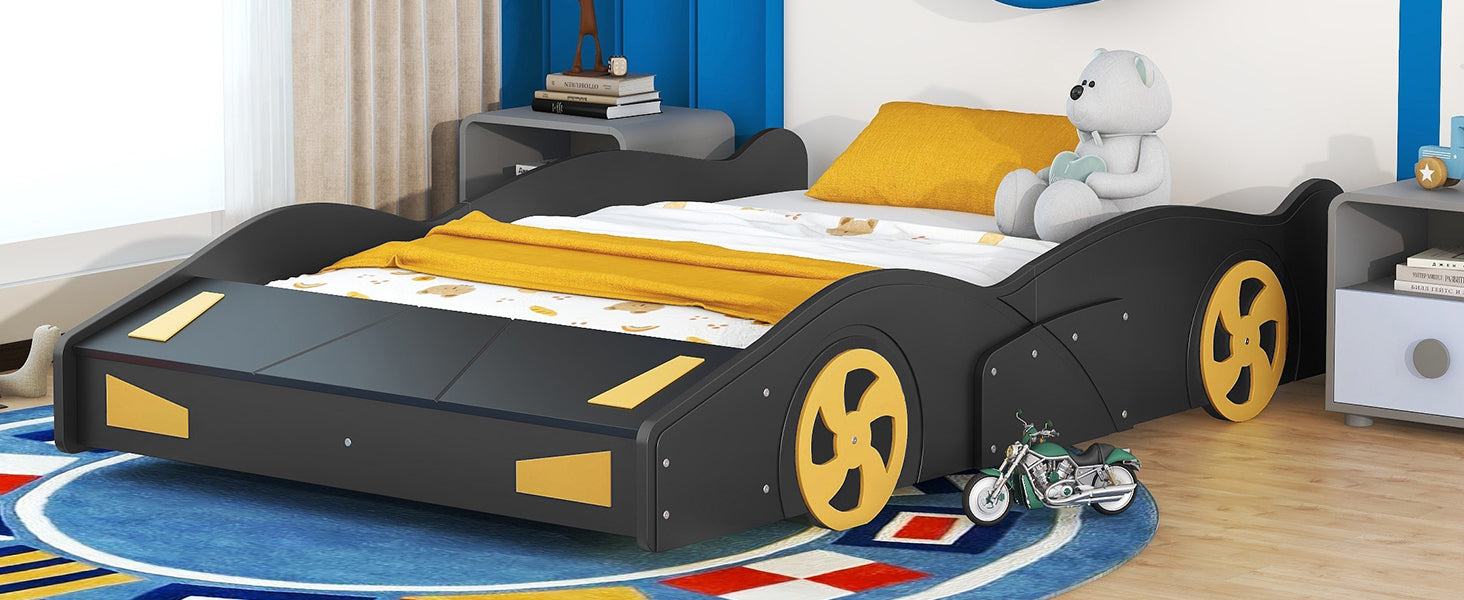 Full Size Race Car Shaped Platform Bed With Wheels And Storage, Black Yellow Box Spring Not Required Full Black Wood Bedroom Bed Frame Solid Wood Mdf