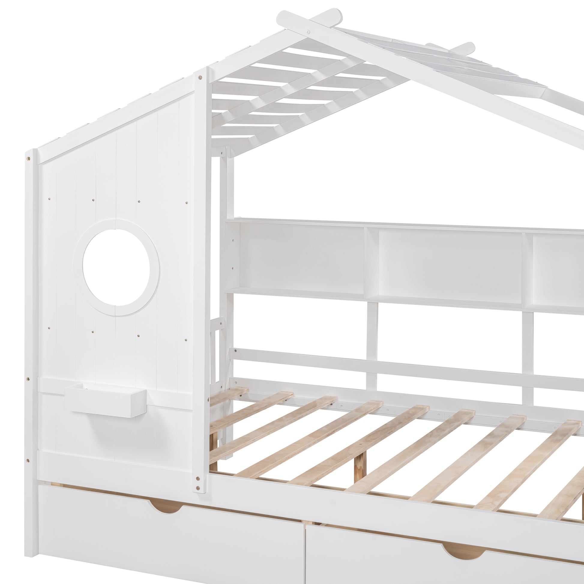 Wooden Full Size House Bed With 2 Drawers,Kids Bed With Storage Shelf, White Full White Solid Wood