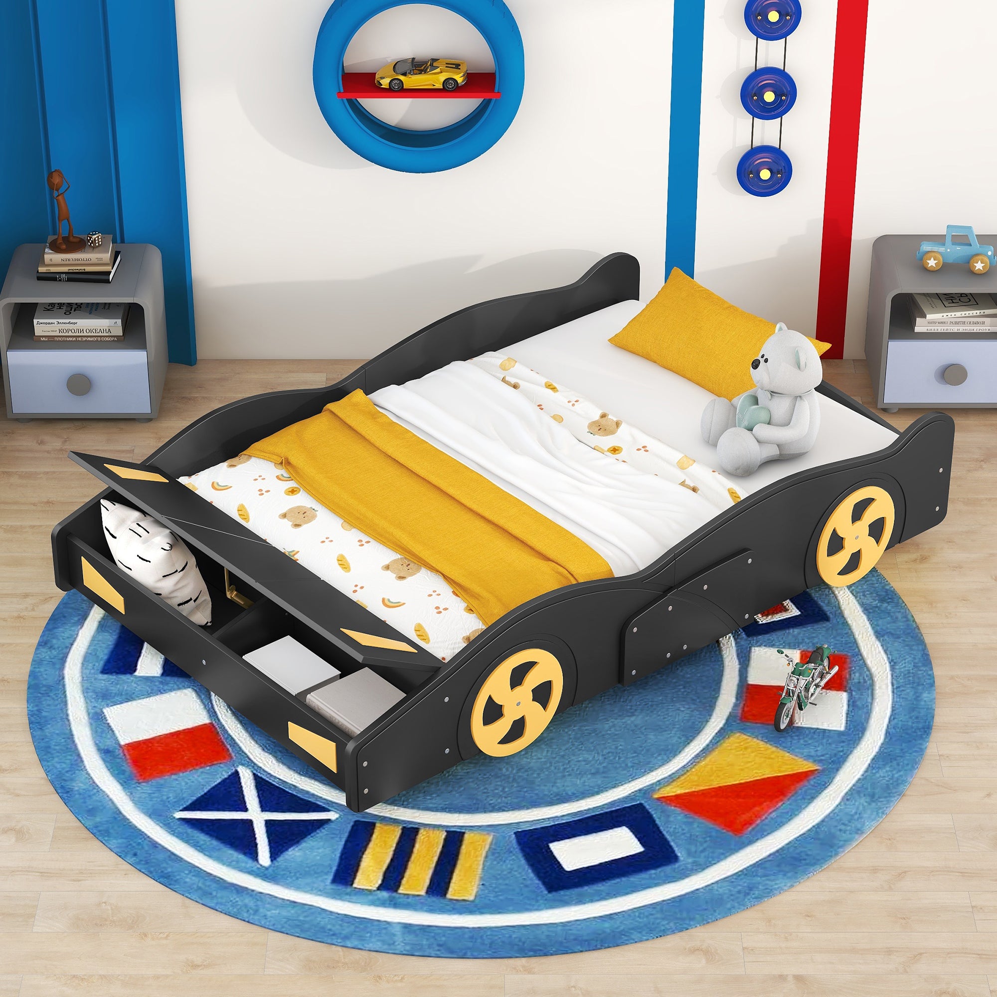 Full Size Race Car Shaped Platform Bed with Wheels and box spring not