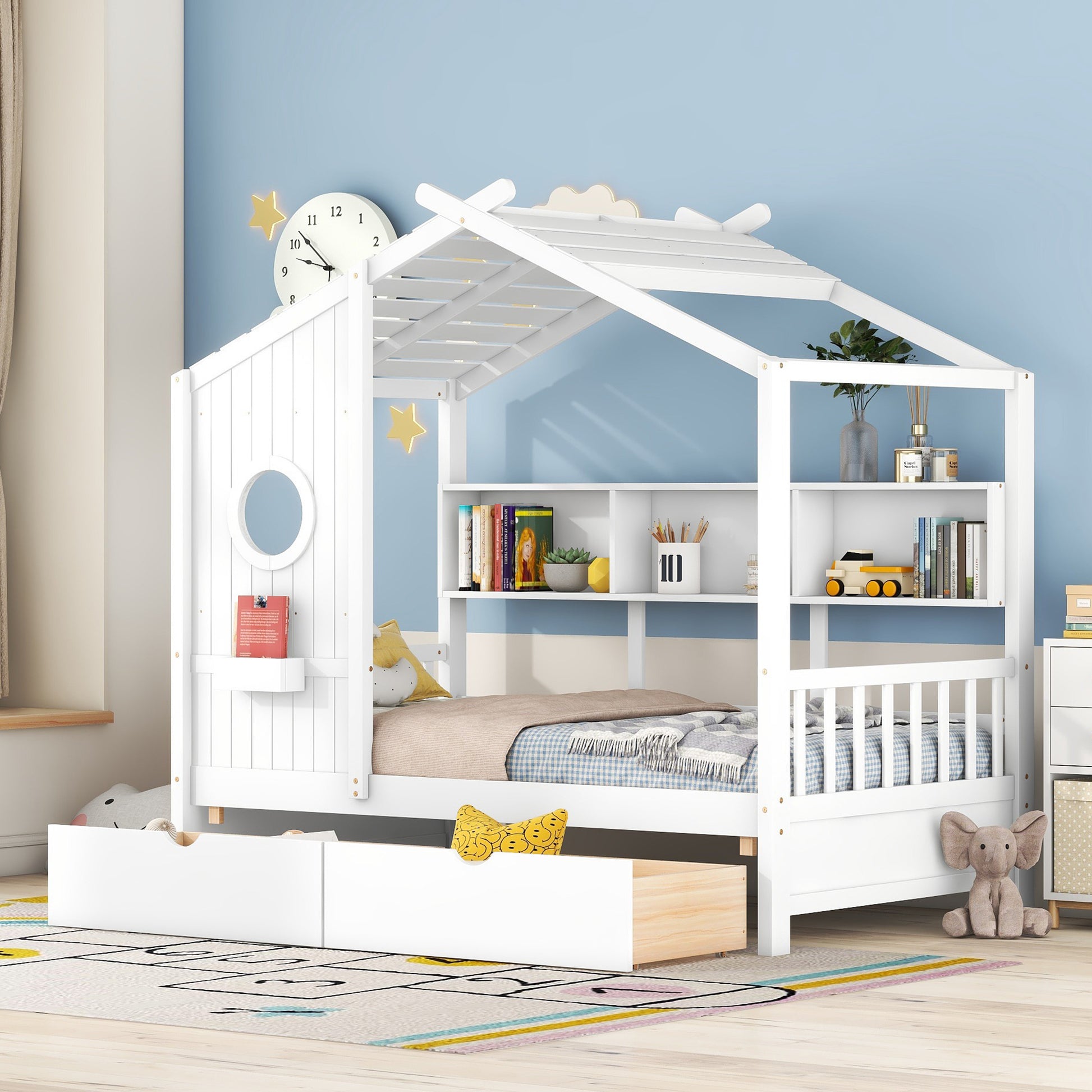 Wooden Twin Size House Bed With 2 Drawers,Kids Bed With Storage Shelf, White Twin White Solid Wood