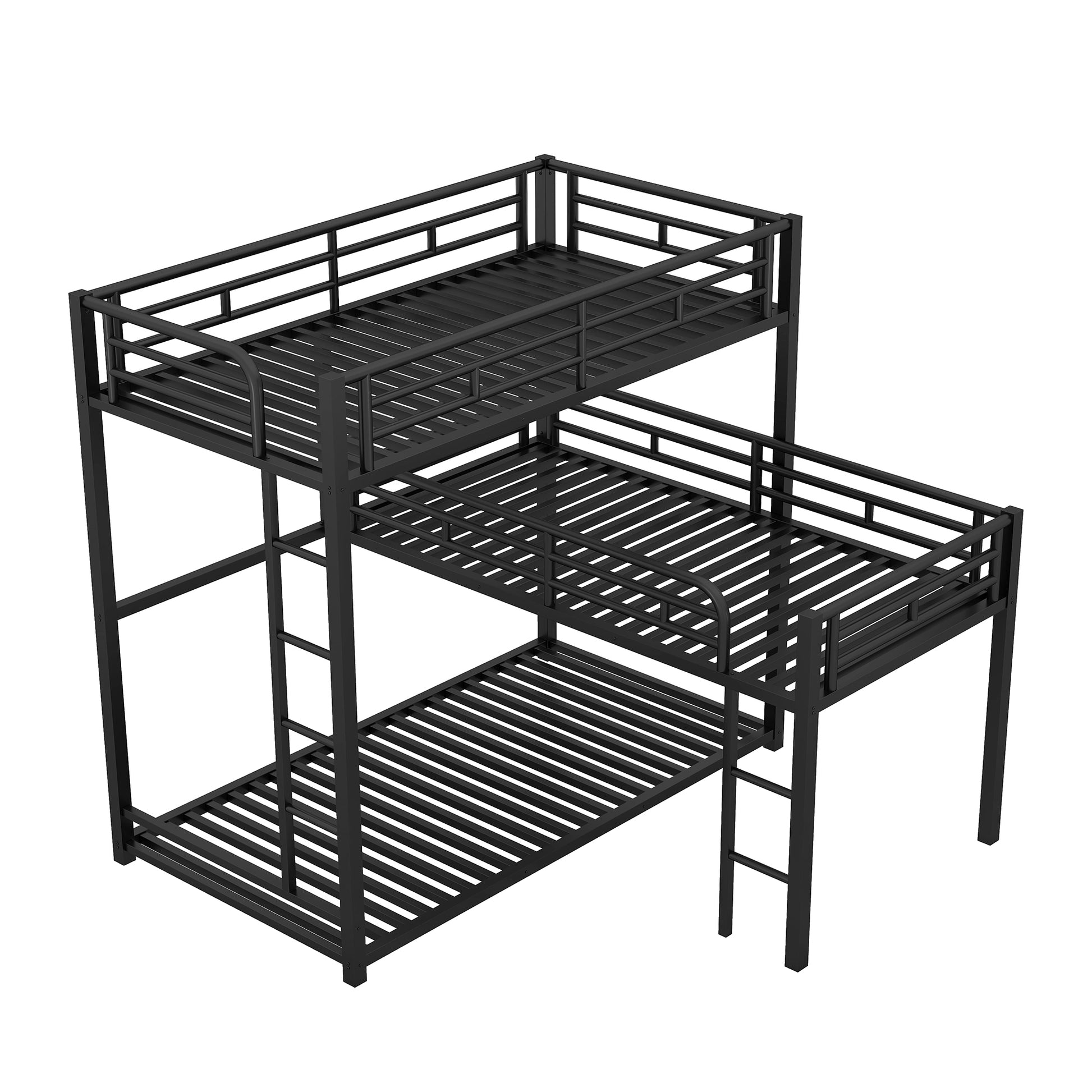 L Shaped Metal Triple Twin Size Bunk Bed, Black Old Sku:Sm000605Aab Box Spring Not Required Twin Black Metal Bedroom Bunk Metal