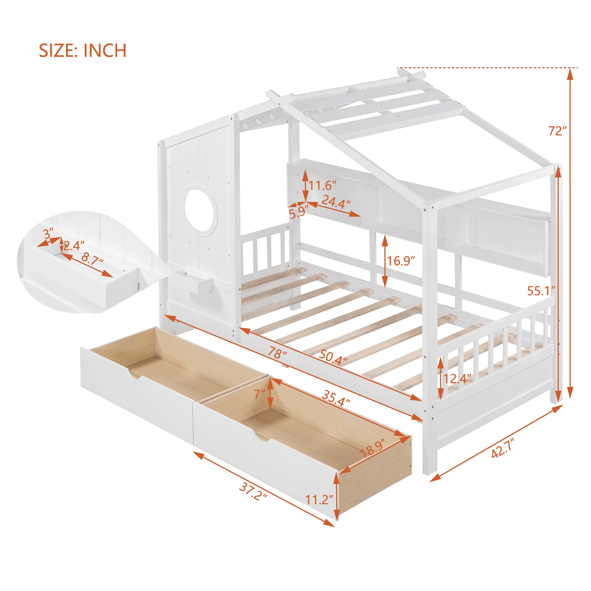 Wooden Twin Size House Bed With 2 Drawers,Kids Bed With Storage Shelf, White Twin White Solid Wood