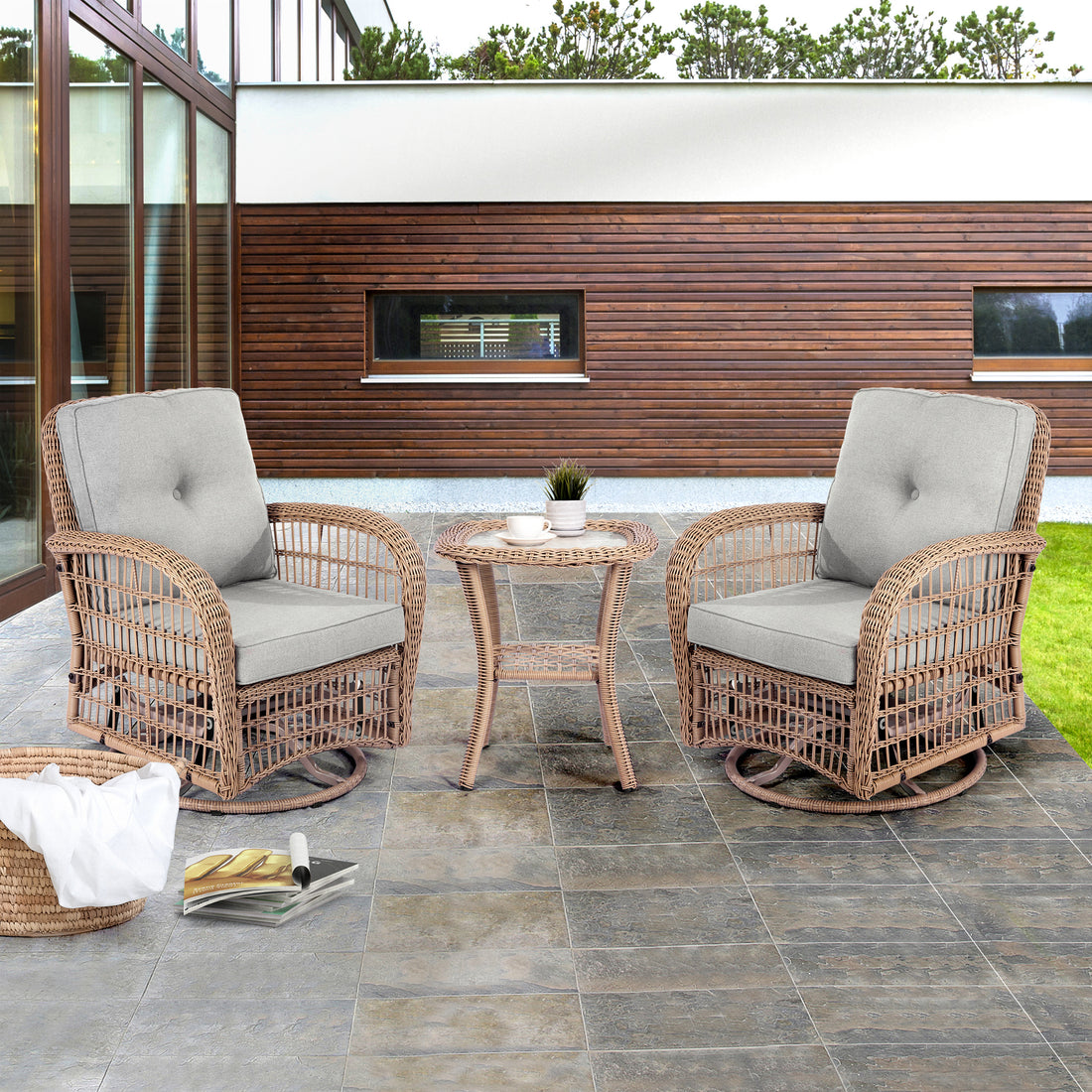 3 Pieces Outdoor Wicker Swive Rocking Chair Set, Patio Bistro Sets With 2 Rattan Rocker Chairs And Glass Coffee Table For Backyard Natural Wicker