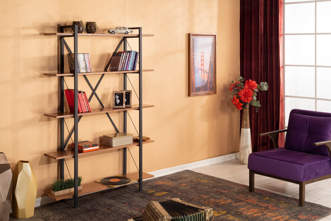 Lissandra 5 Tier Solid Wood Bookcase Walnut Solid Wood