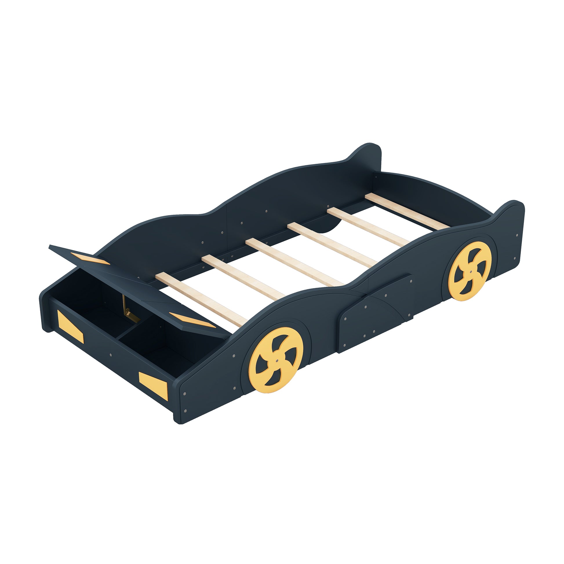 Twin Size Race Car Shaped Platform Bed With Wheels And Storage, Dark Blue Yellow Box Spring Not Required Twin Dark Blue Wood Bedroom Bed Frame Solid Wood Mdf