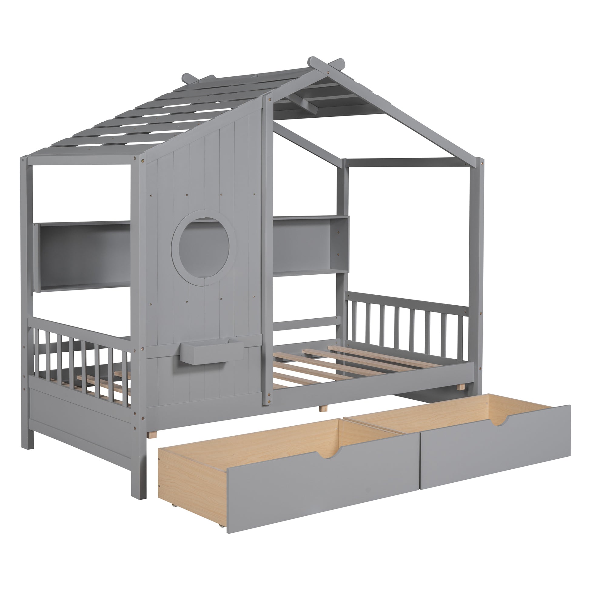 Wooden Twin Size House Bed With 2 Drawers,Kids Bed With Storage Shelf, Gray Twin Gray Solid Wood