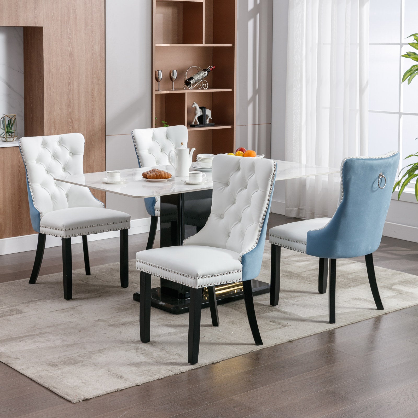 Nikki Collection Modern, High End Tufted Solid Wood Contemporary Pu And Velvet Upholstered Dining Chair With Wood Legs Trim 2 Pcs Set, White Light Blue, Sw2101Wl White Pu Dining Room American Design Rubberwood Foam Pu Leather