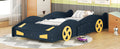 Twin Size Race Car Shaped Platform Bed With Wheels And Storage, Dark Blue Yellow Box Spring Not Required Twin Dark Blue Wood Bedroom Bed Frame Solid Wood Mdf