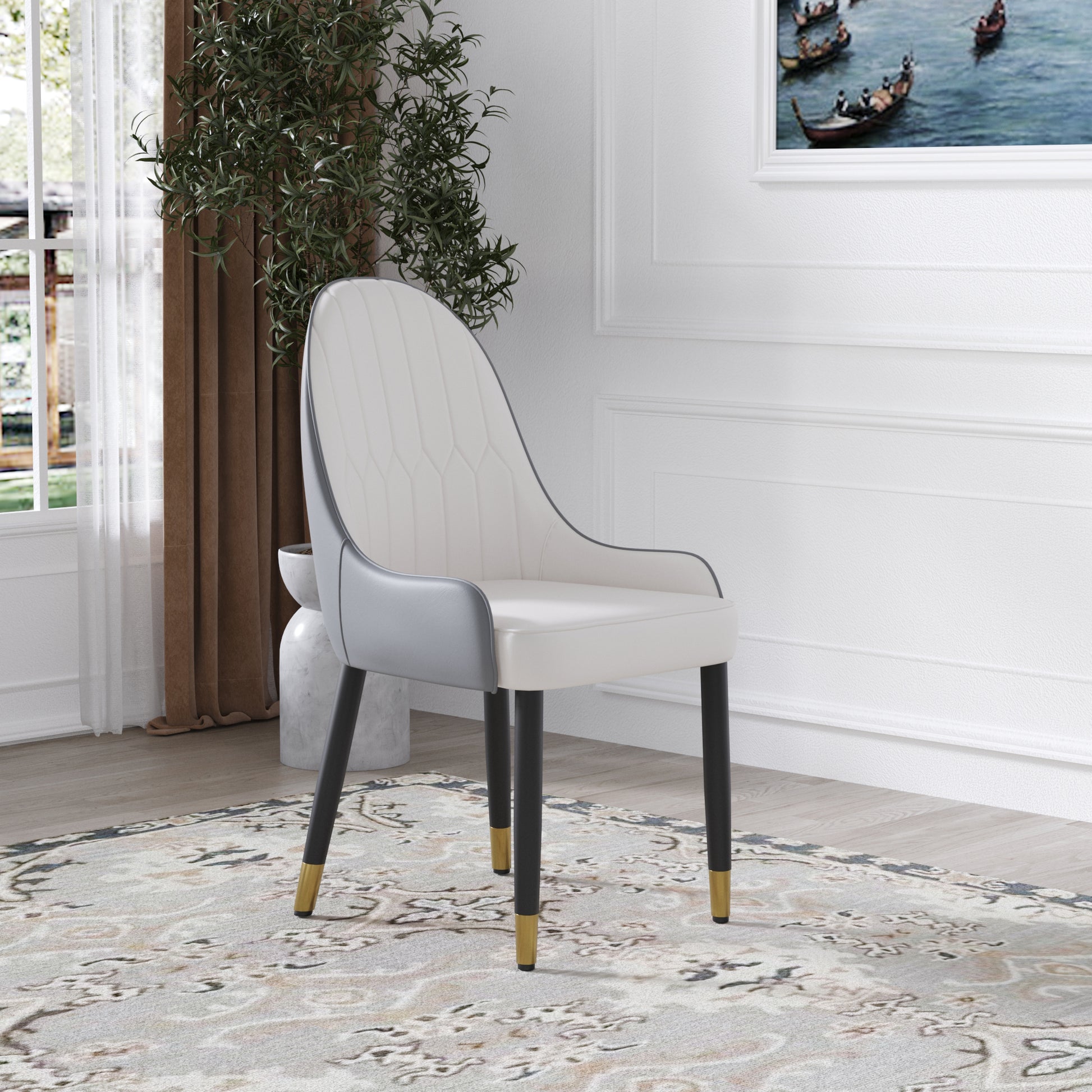 Modern Pu Sponge Filled Dining Chair, Solid Wood Metal Legs, Suitable For Restaurants, Living Rooms And Rooms Set Of 2 White Gray Foam Pu