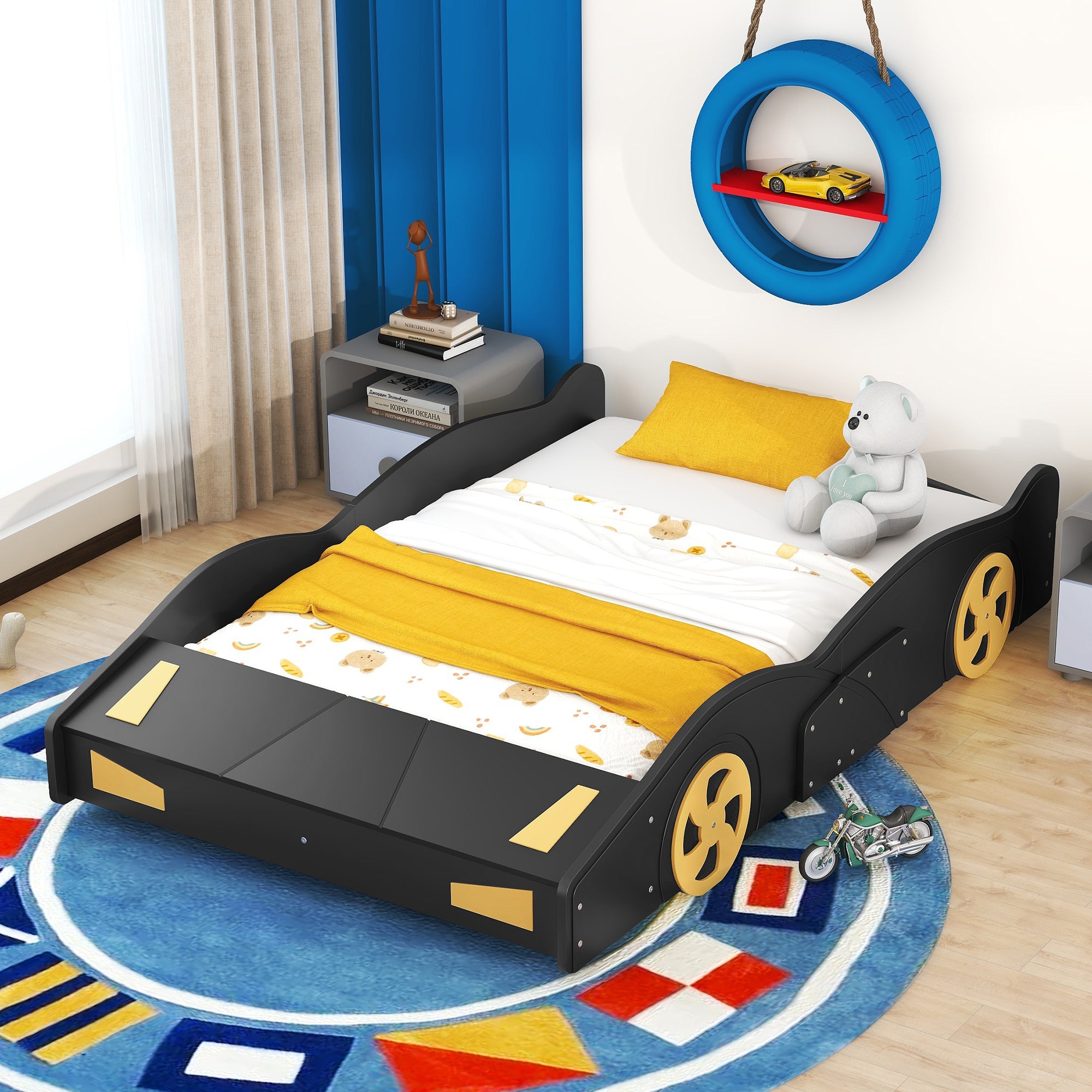 Full Size Race Car Shaped Platform Bed with Wheels and box spring not