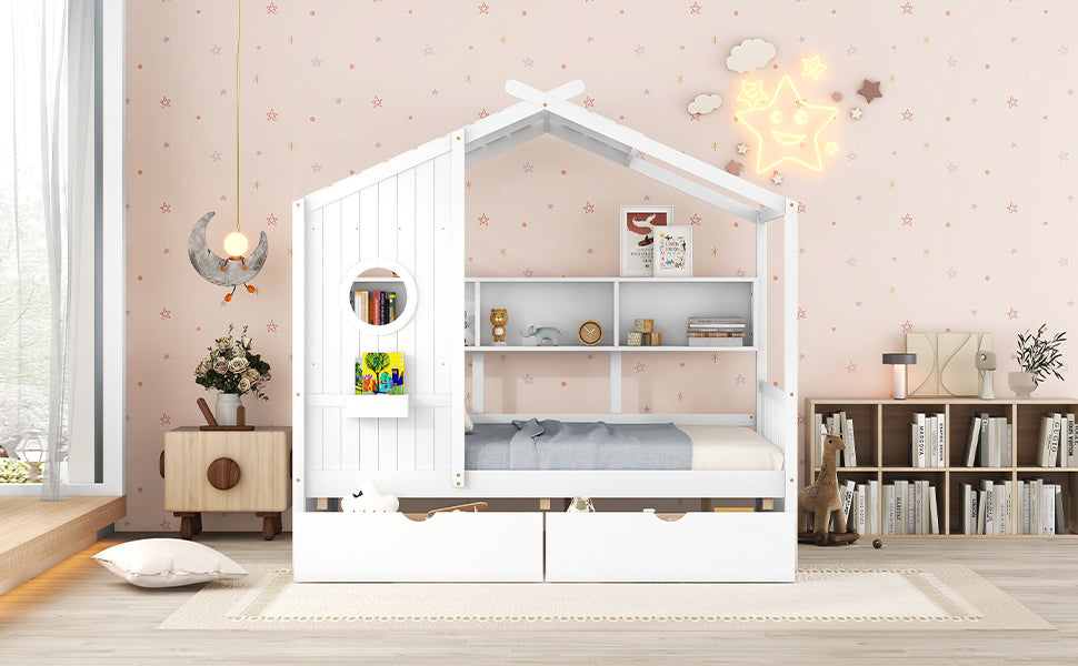 Wooden Full Size House Bed With 2 Drawers,Kids Bed With Storage Shelf, White Full White Solid Wood