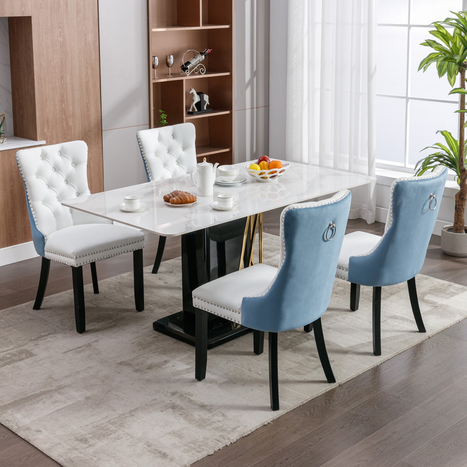 Nikki Collection Modern, High End Tufted Solid Wood Contemporary Pu And Velvet Upholstered Dining Chair With Wood Legs Trim 2 Pcs Set, White Light Blue, Sw2101Wl White Pu Dining Room American Design Rubberwood Foam Pu Leather