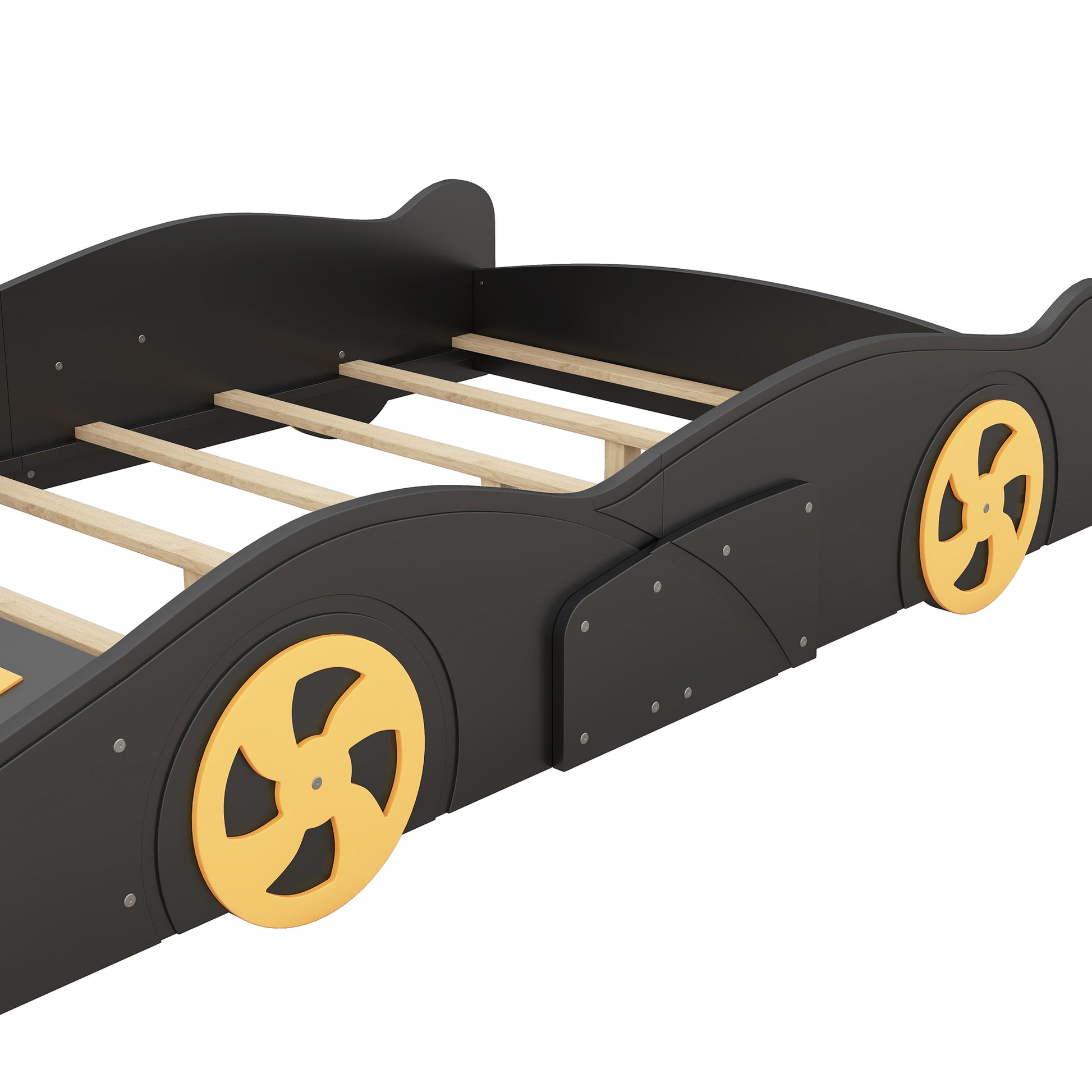 Full Size Race Car Shaped Platform Bed With Wheels And Storage, Black Yellow Box Spring Not Required Full Black Wood Bedroom Bed Frame Solid Wood Mdf