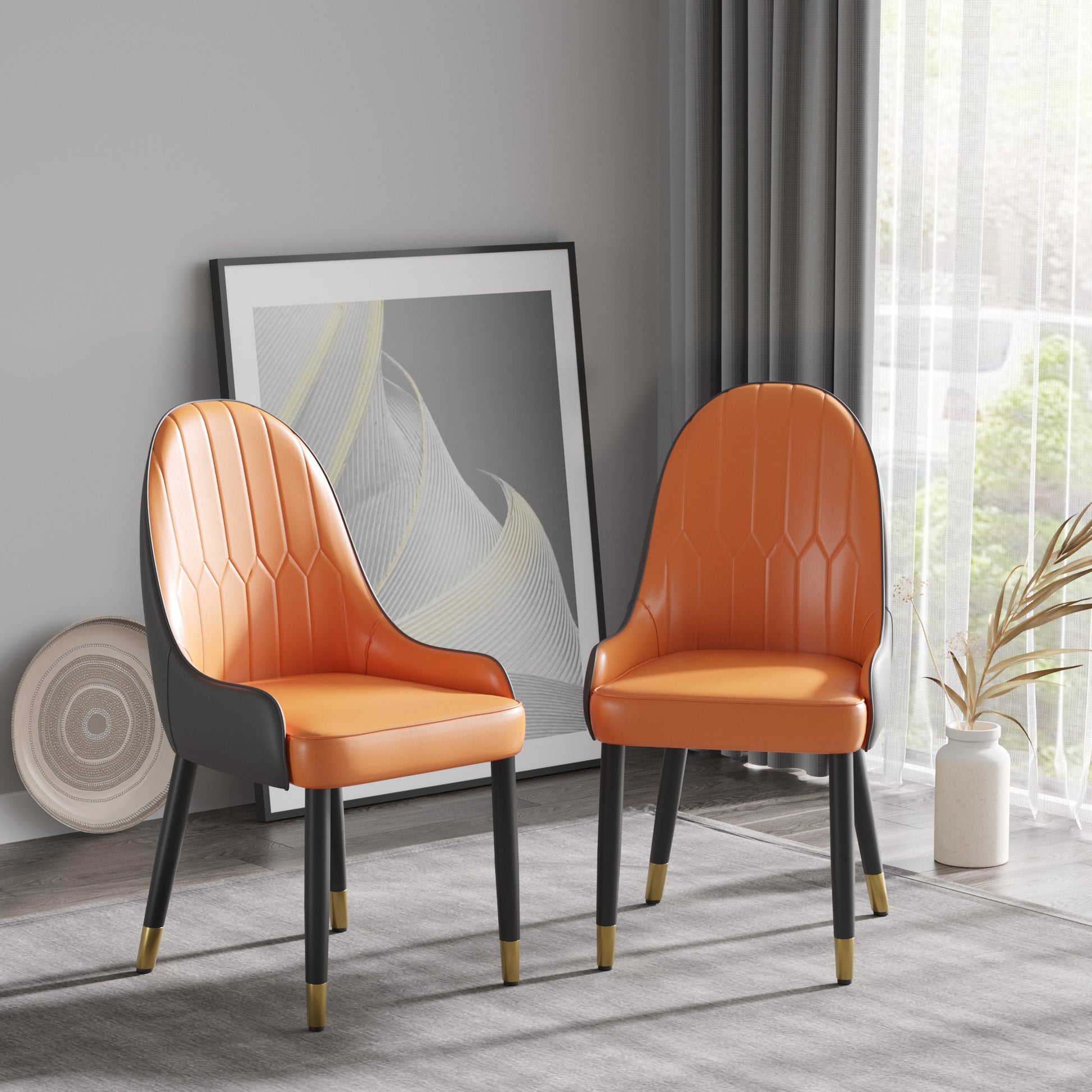 Modern Pu Sponge Filled Dining Chair, Solid Wood Metal Legs, Suitable For Restaurants, Living Rooms And Rooms Set Of 2 Orange Dark Brown Foam Pu