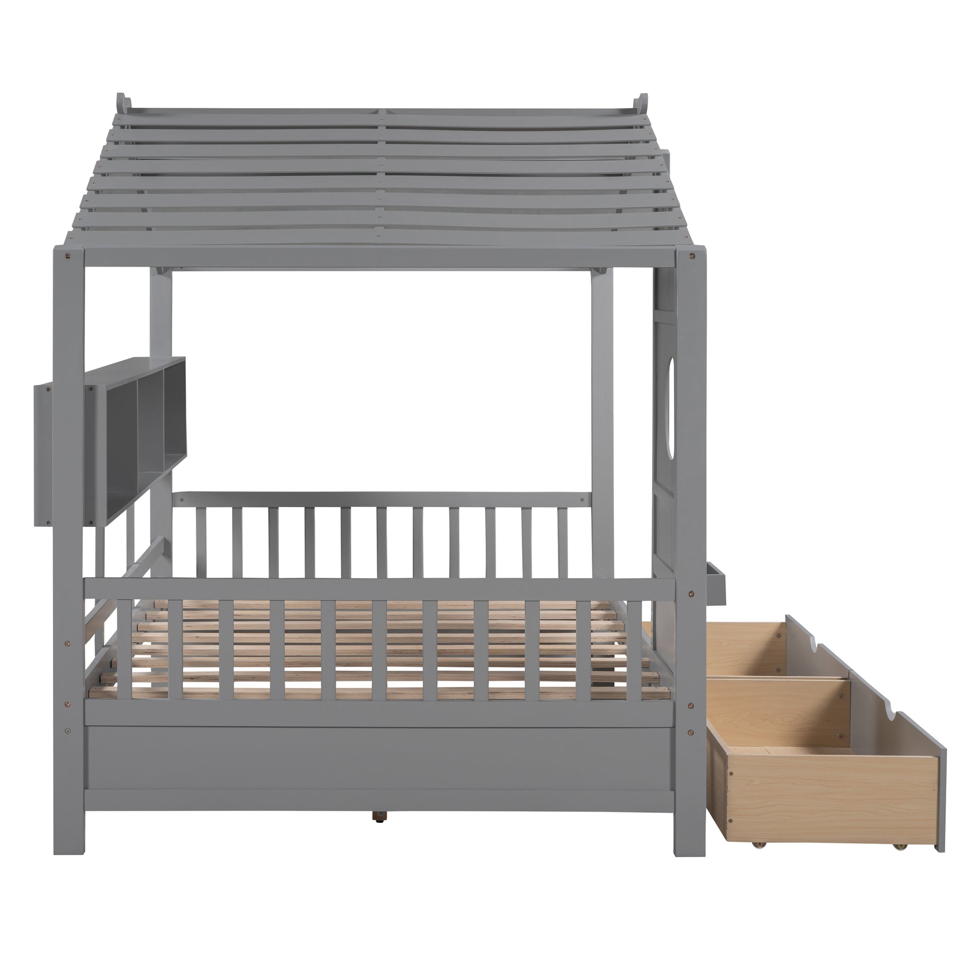 Wooden Full Size House Bed With 2 Drawers,Kids Bed With Storage Shelf, Gray Full Gray Solid Wood