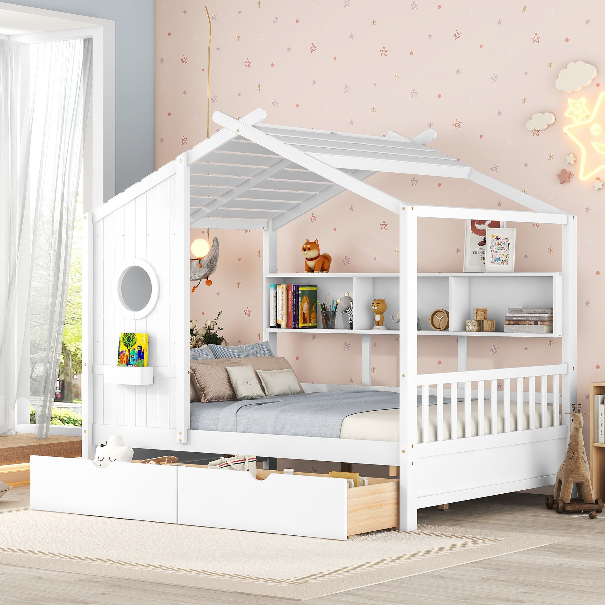 Wooden Full Size House Bed With 2 Drawers,Kids Bed With Storage Shelf, White Full White Solid Wood