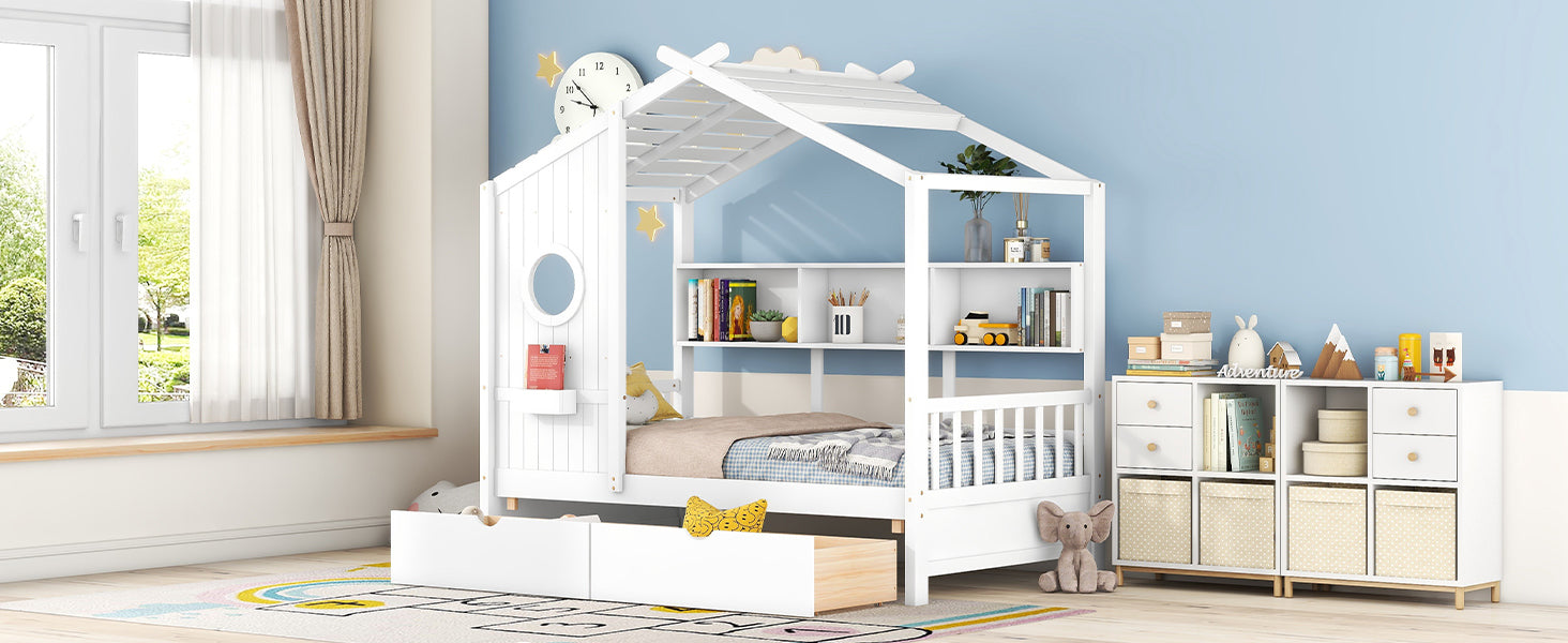 Wooden Twin Size House Bed With 2 Drawers,Kids Bed With Storage Shelf, White Twin White Solid Wood