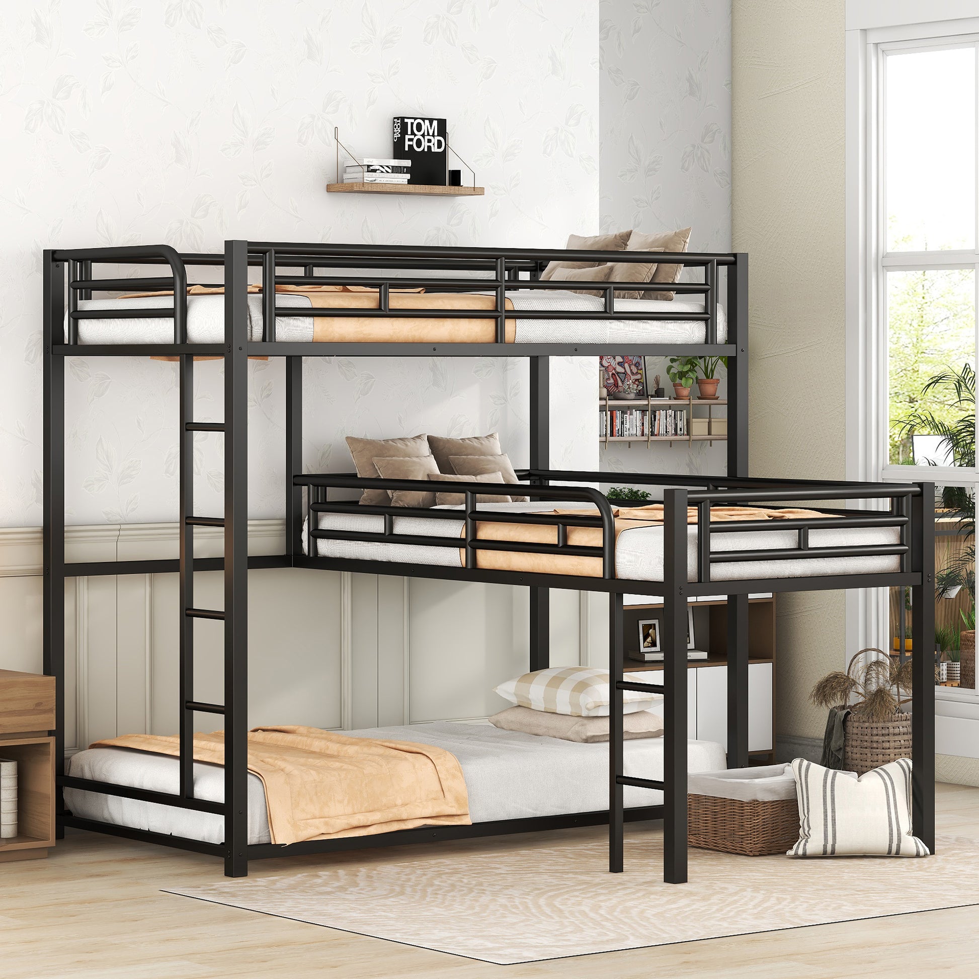 L Shaped Metal Triple Twin Size Bunk Bed, Black Old Sku:Sm000605Aab Box Spring Not Required Twin Black Metal Bedroom Bunk Metal