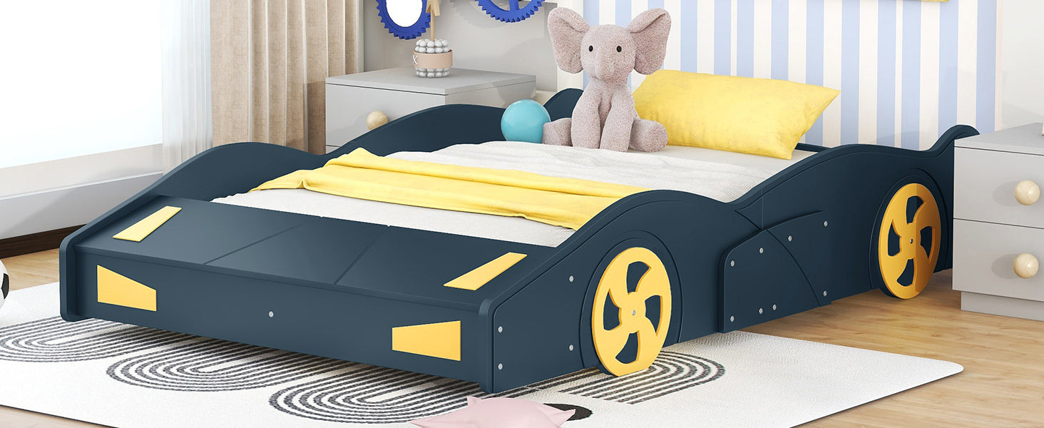 Full Size Race Car Shaped Platform Bed with Wheels and box spring not required-full-dark