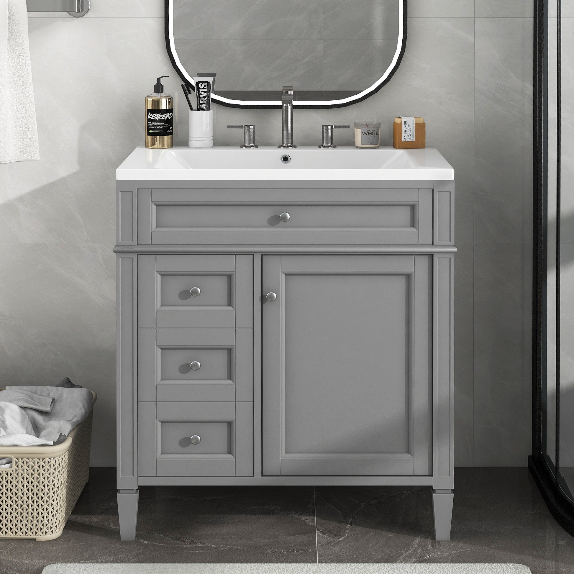 30'' Bathroom Vanity With Top Sink, Modern Bathroom Storage Cabinet With 2 Drawers And A Tip Out Drawer, Single Sink Bathroom Vanity Grey Mdf