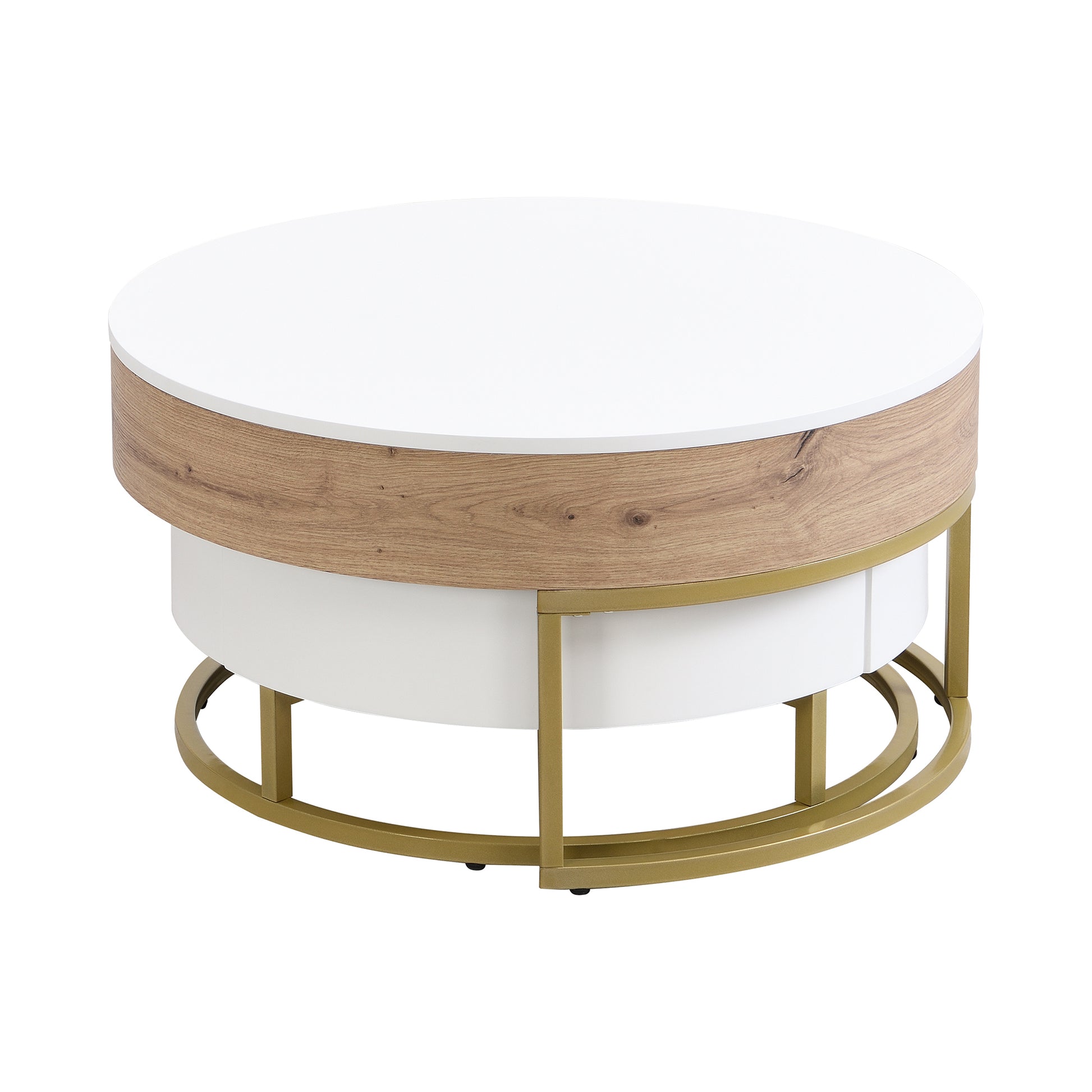 Modern Round Lift Top Nesting Coffee Tables With 2 Drawers White & Natural Oak Natural Wood Antique White Mdf