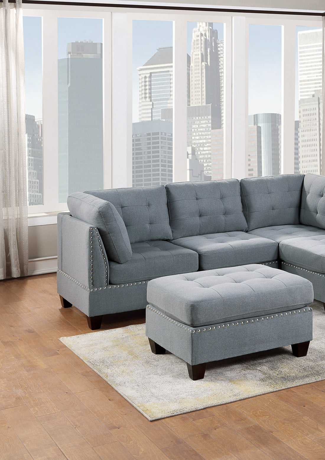 Modular Sectional 6Pc Set Living Room Furniture L Sectional Gray Linen Like Fabric Tufted Nail Heads 2X Corner Wedge 2X Armless Chairs And 2X Ottomans Gray Primary Living Space Tufted Back Contemporary,Modern Modular Fabric 6 Seat