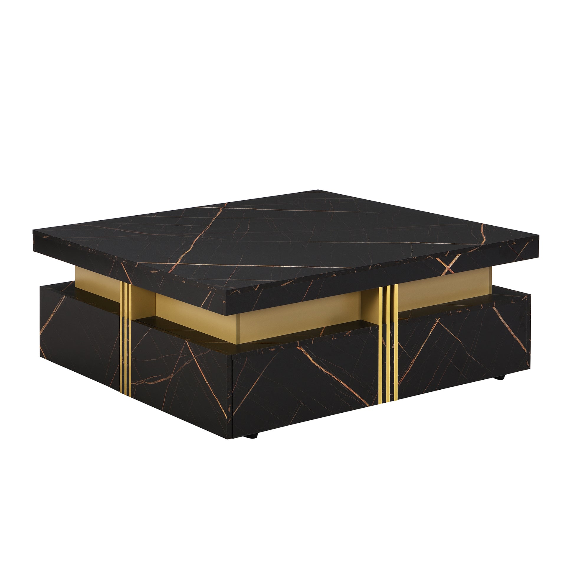 Modern Black Square Storage Coffee Table With 4 Drawers Black Mdf