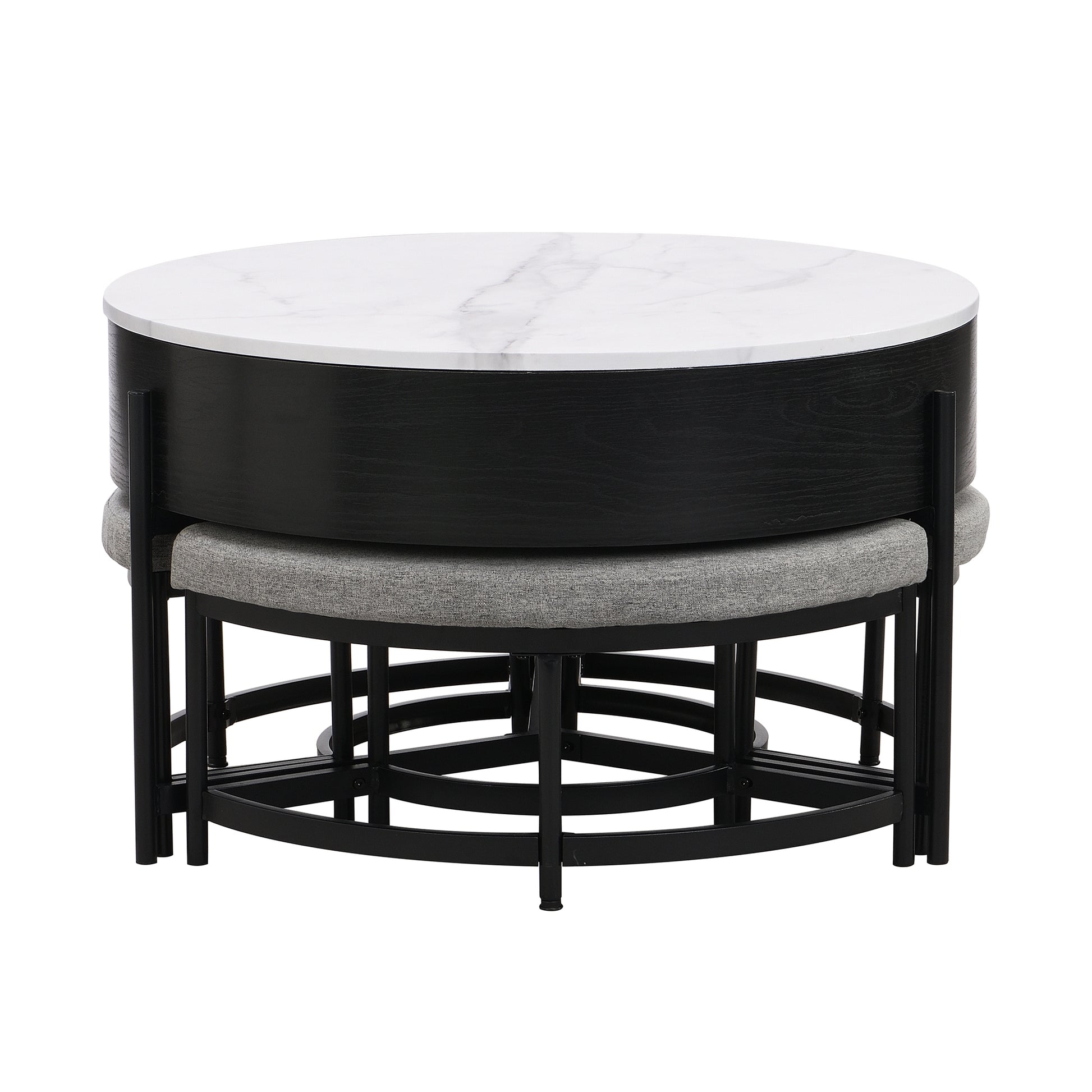 Modern Round Lift Top Coffee Table With Storage & 3 Ottoman White & Black Black Mdf