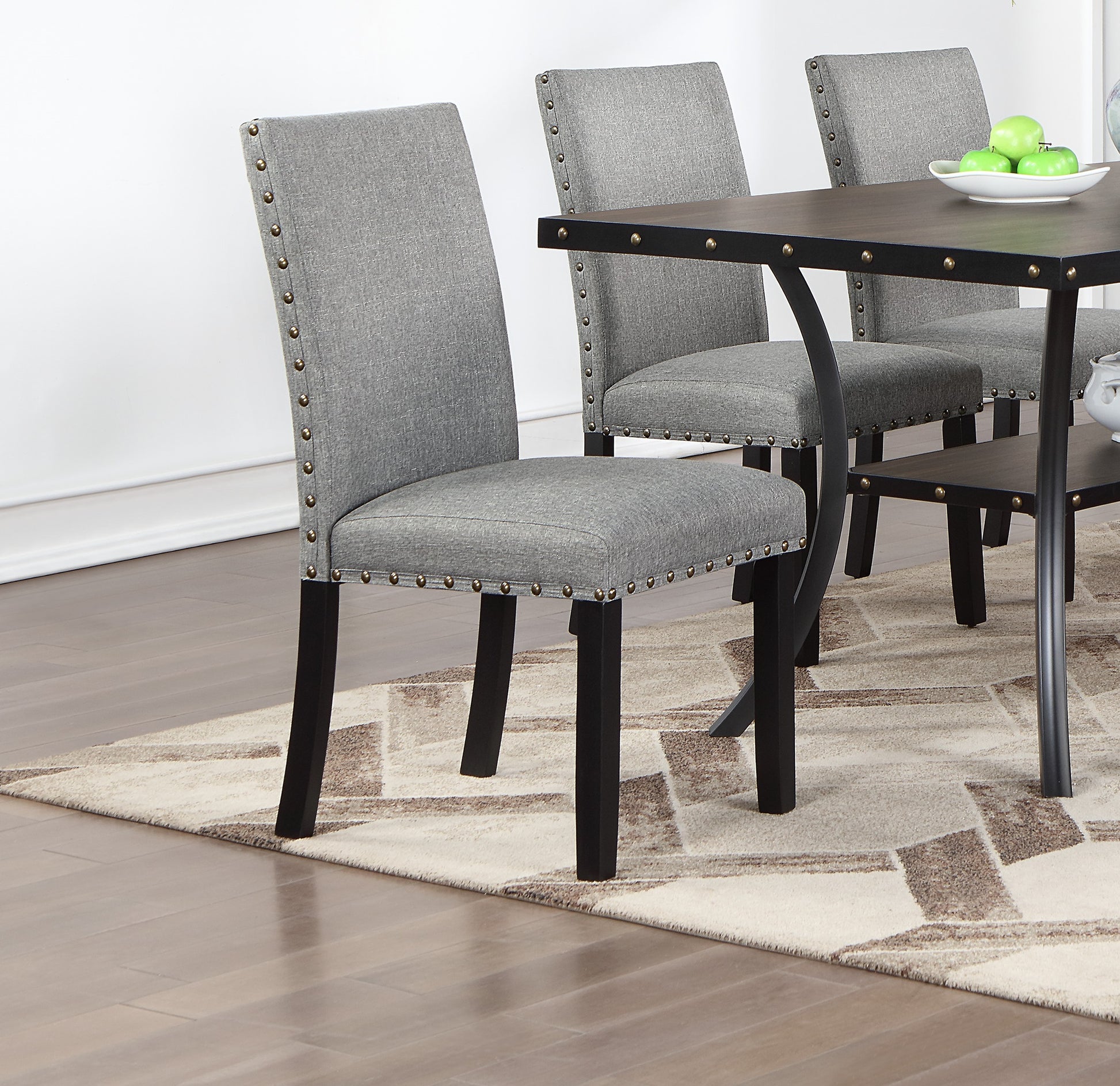 Modern Classic Dining Room Furniture Natural Wooden Rectangle Top Dining Table 6X Side Chairs Gray Fabric Nail Heads Trim And Storage Shelve 7Pc Dining Set Wood Dining Room Rubberwood Rectangular Dining Table With Chair Upholstered Chair Wood Gray Solid