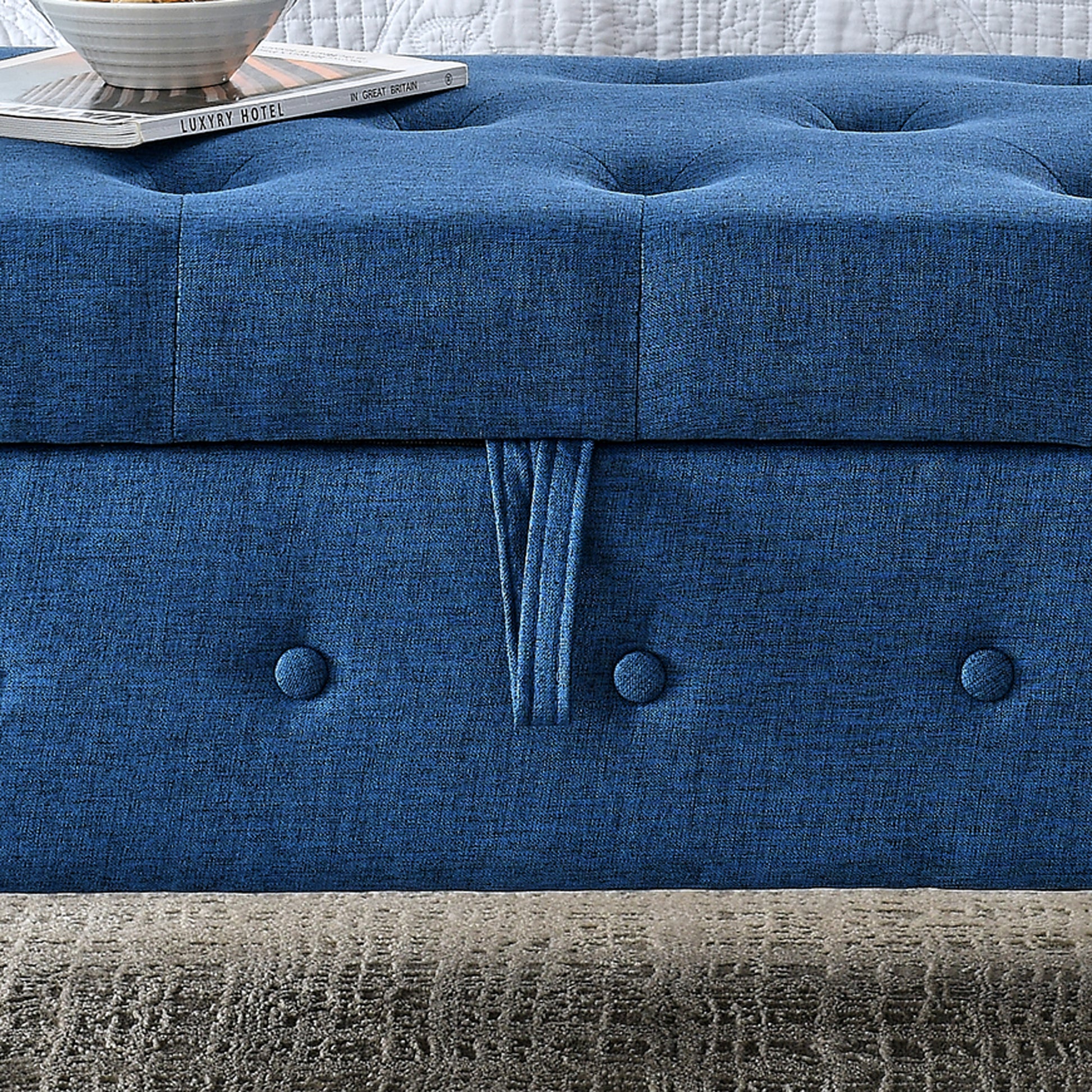 62" Bedroom Tufted Button Storage Bench, Modern Fabric Upholstered Ottoman, Window Bench, Rolled Arm Design For Bedroom, Living Room, Foyer Blue Blue Light Brown Primary Living Space American Design,Luxury Eucalyptus Foam Fabric