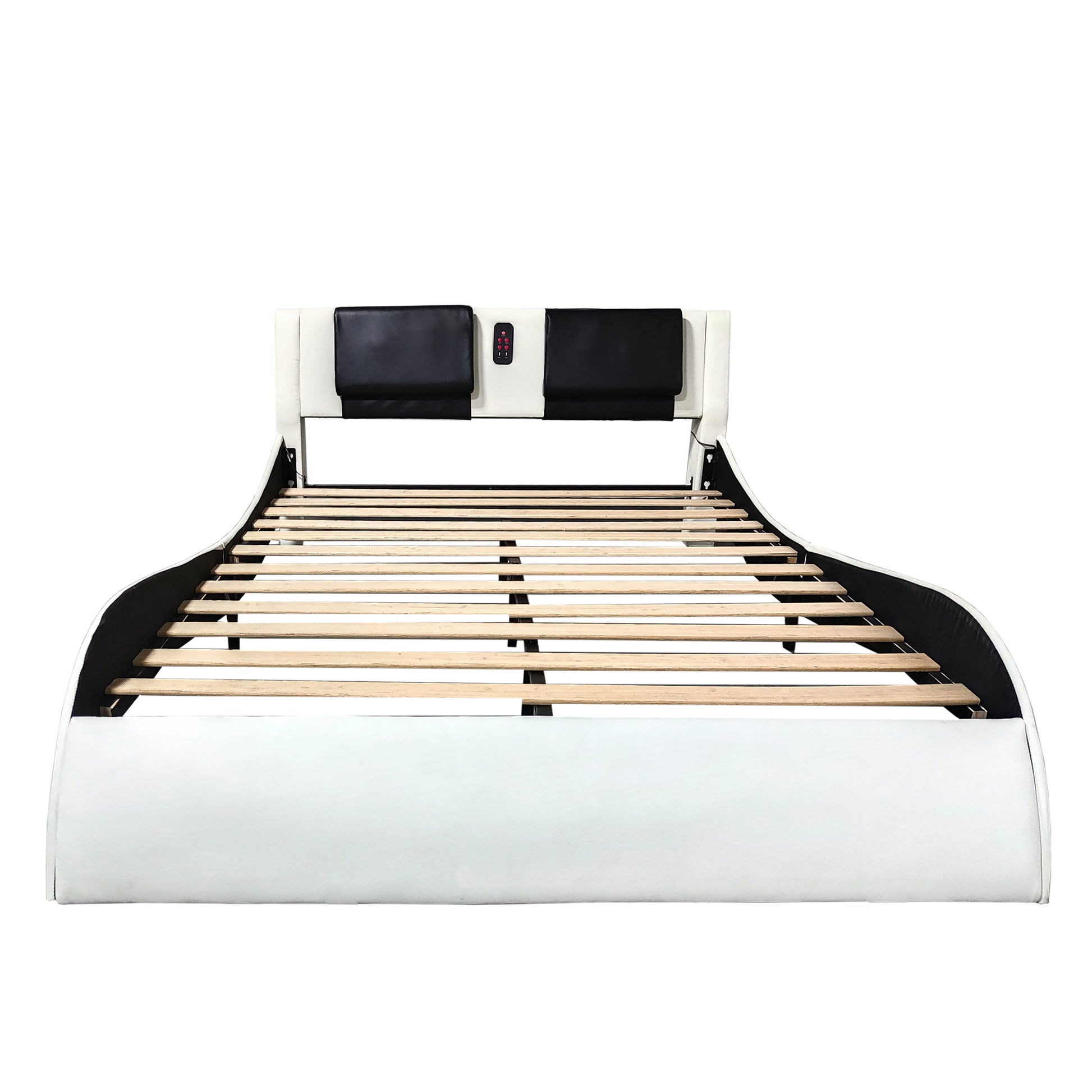 Faux Leather Upholstered Platform Bed Frame With Led Lighting, Bluetooth Connection To Play Music Control, Backrest Vibration Massage, Curve Design, Wood Slat Support, One Carton Package, Queen White Mdf