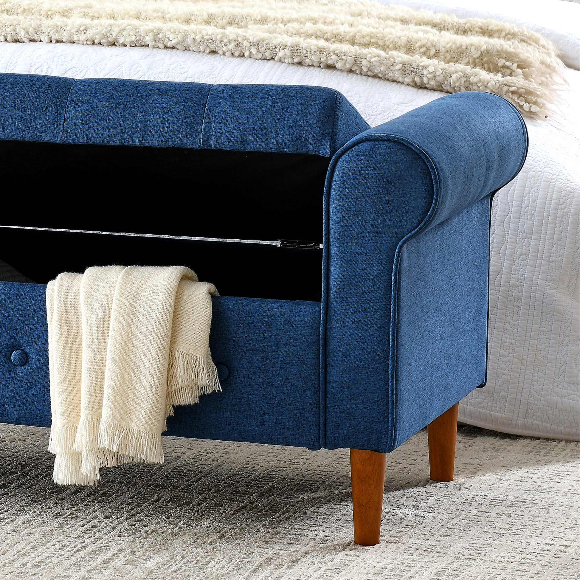 62" Bedroom Tufted Button Storage Bench, Modern Fabric Upholstered Ottoman, Window Bench, Rolled Arm Design For Bedroom, Living Room, Foyer Blue Blue Light Brown Primary Living Space American Design,Luxury Eucalyptus Foam Fabric