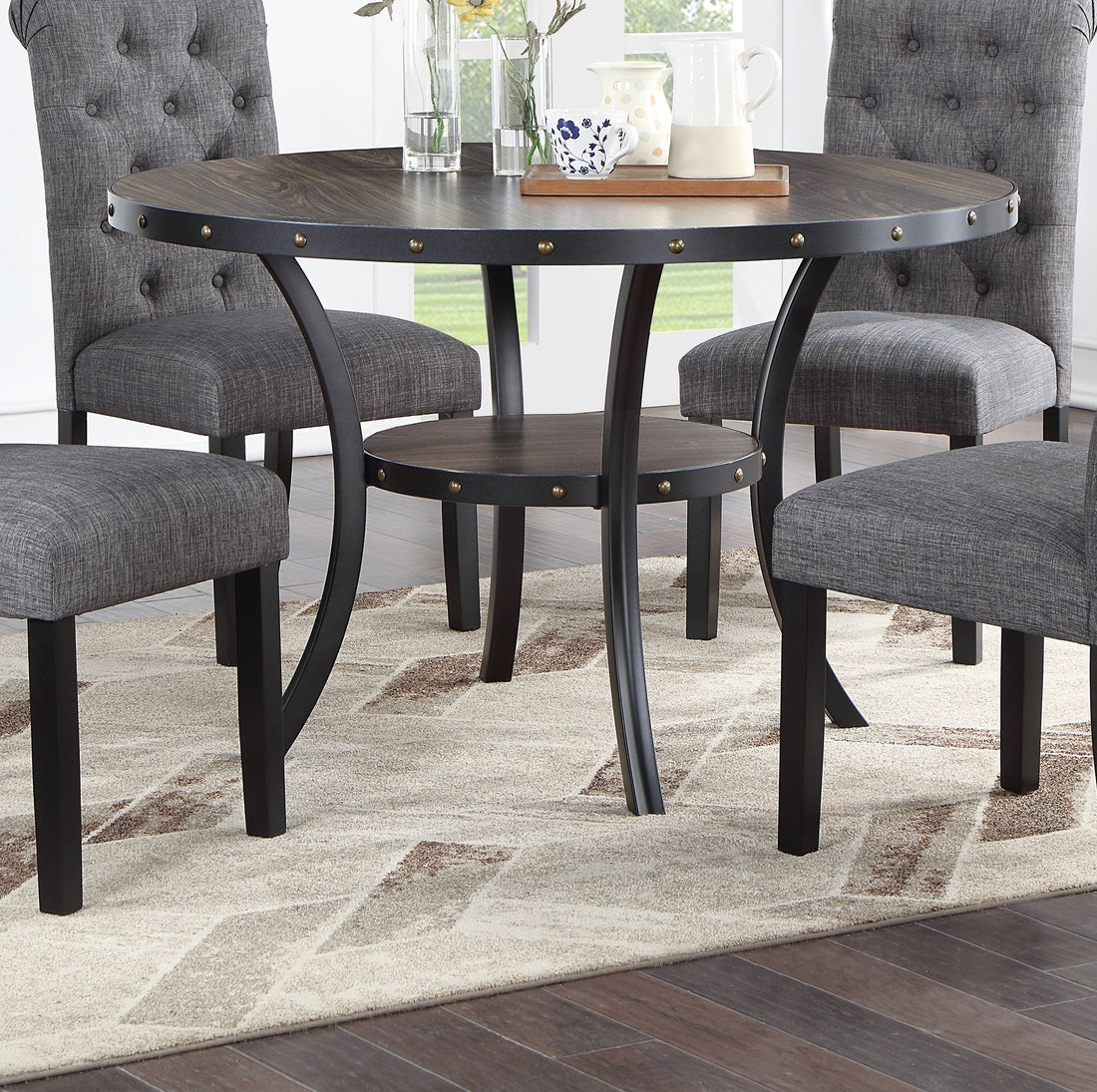 Modern Classic Dining Room Furniture Natural Wood Round Dining Table 4X Side Chairs Charcoal Fabric Tufted Roll Back Top Chair Storage Shelve 5Pc Dining Set Wood Dining Room Rubberwood Round Dining Table With Chair Upholstered Chair Wood Charcoal Grey