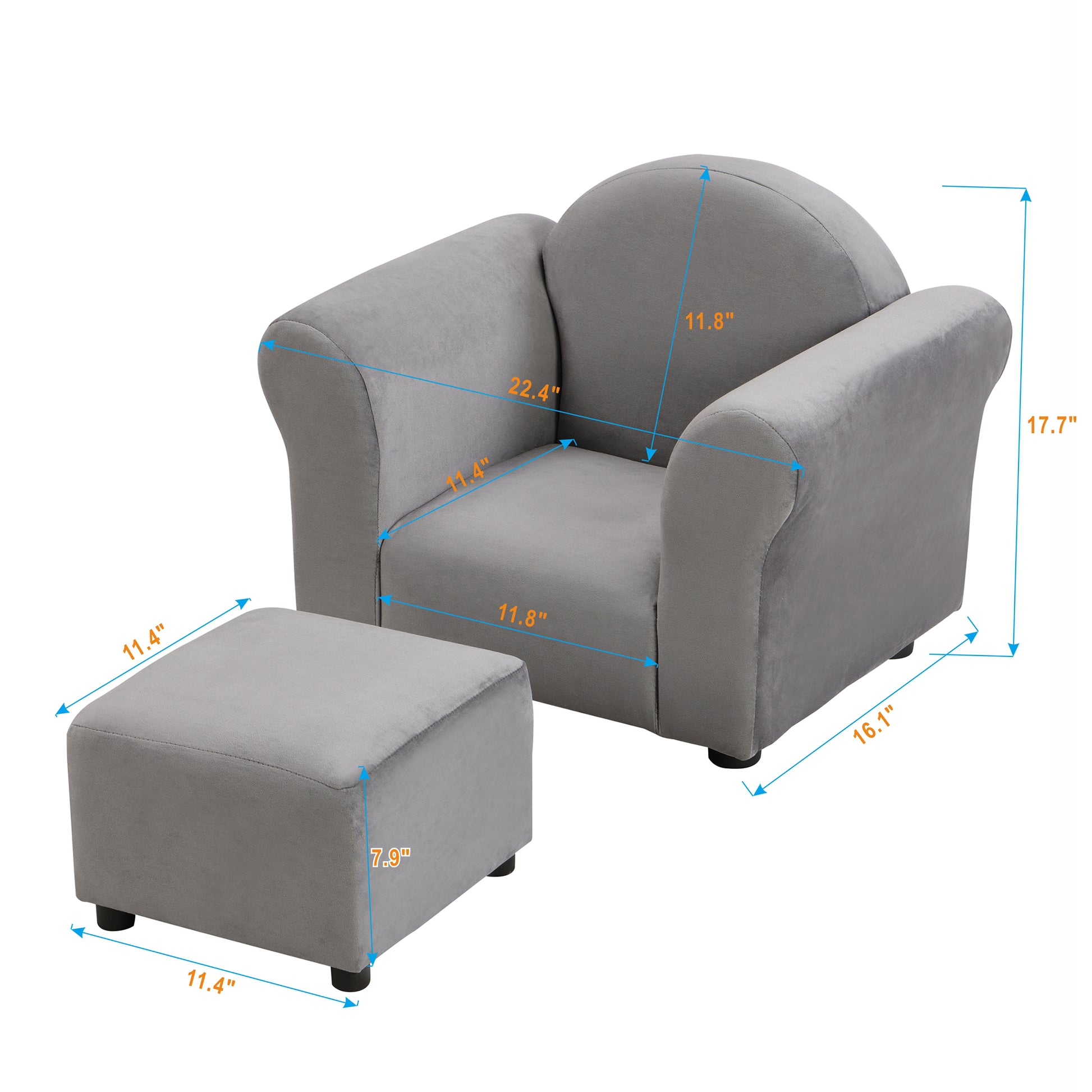 Kids Chair, Kids Upholstered Couch With Ottoman Dark Gray Velvet