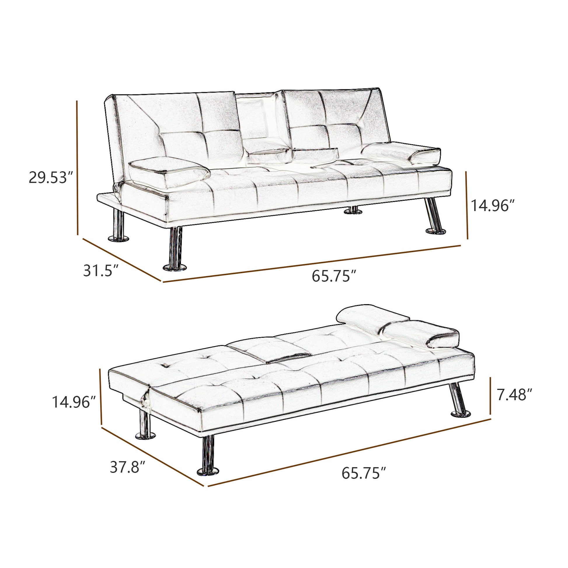 Grey Pu Sofa Bed With Cup Holder Grey Wood Tufted Back Armless Foam Pu 2 Seat