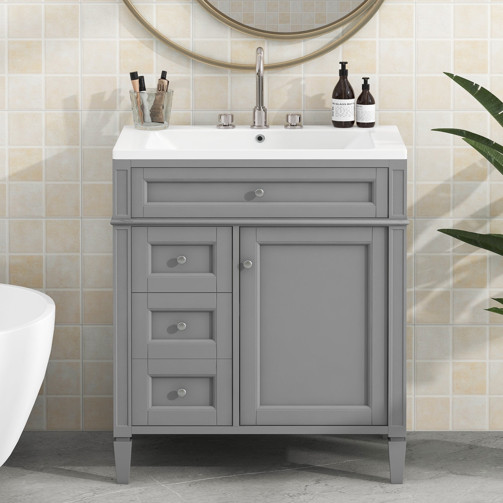 30'' Bathroom Vanity With Top Sink, Modern Bathroom Storage Cabinet With 2 Drawers And A Tip Out Drawer, Single Sink Bathroom Vanity Grey Mdf