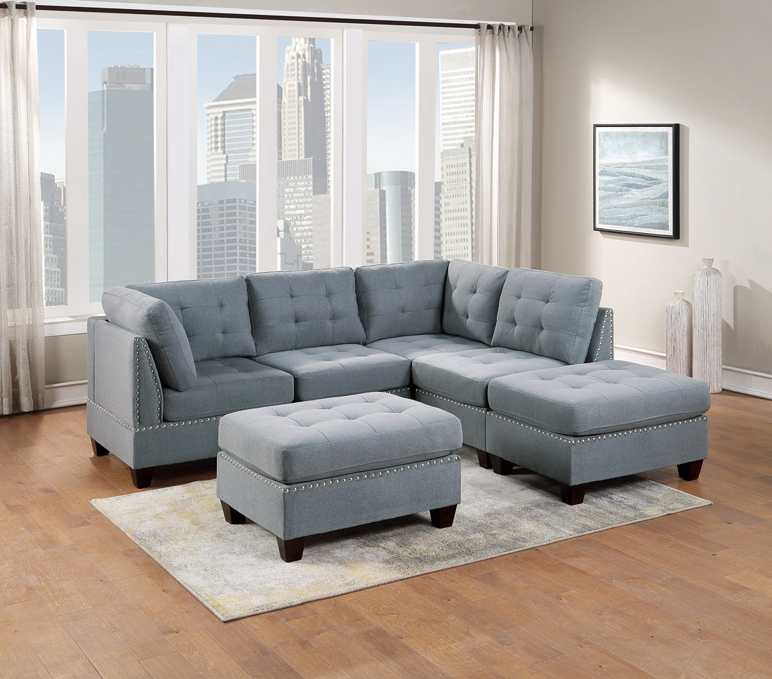 Modular Sectional 6Pc Set Living Room Furniture L Sectional Gray Linen Like Fabric Tufted Nail Heads 2X Corner Wedge 2X Armless Chairs And 2X Ottomans Gray Primary Living Space Tufted Back Contemporary,Modern Modular Fabric 6 Seat