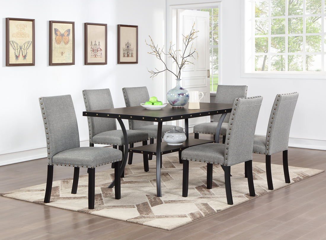 Modern Classic Dining Room Furniture Natural Wooden Rectangle Top Dining Table 6X Side Chairs Gray Fabric Nail Heads Trim And Storage Shelve 7Pc Dining Set Wood Dining Room Rubberwood Rectangular Dining Table With Chair Upholstered Chair Wood Gray Solid