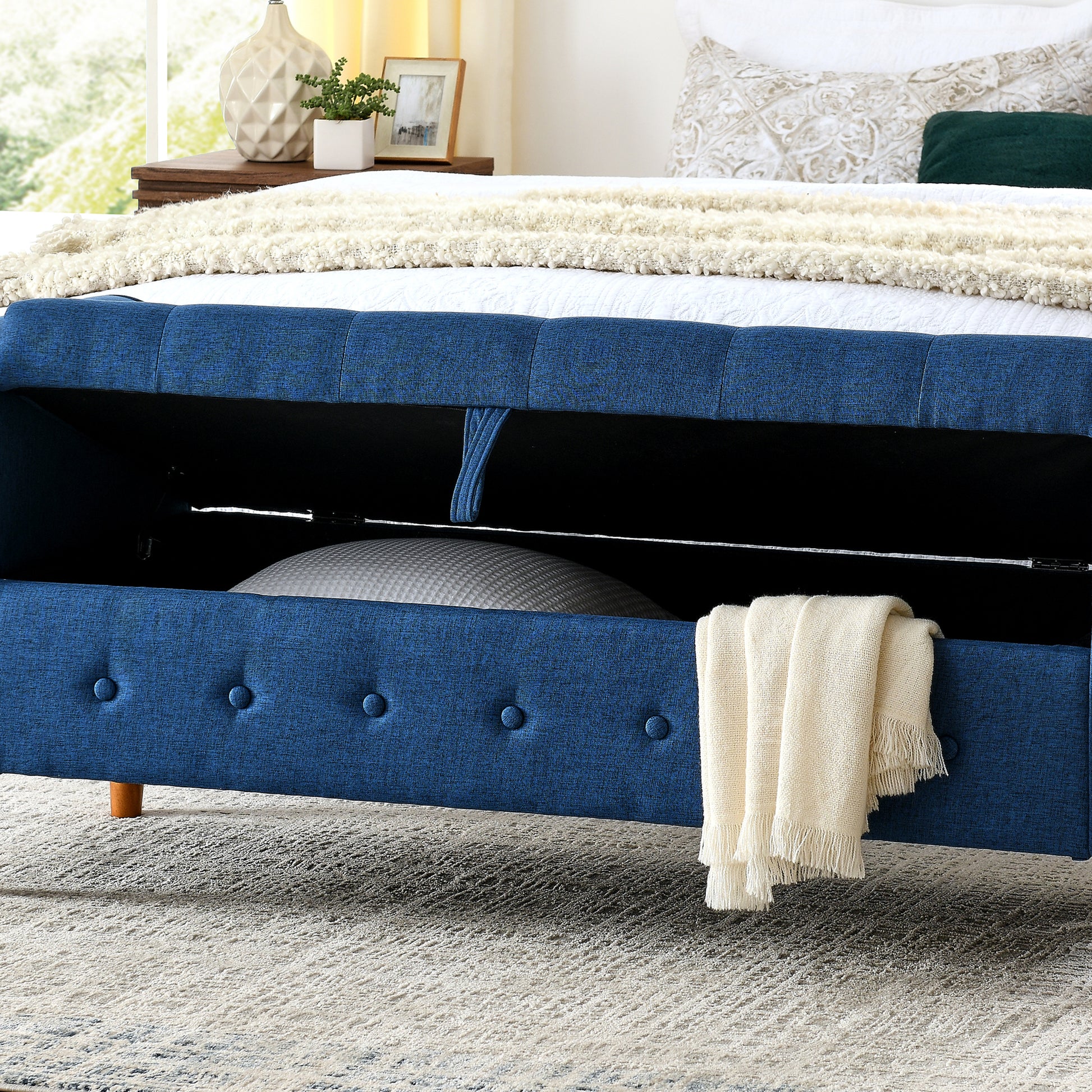 62" Bedroom Tufted Button Storage Bench, Modern Fabric Upholstered Ottoman, Window Bench, Rolled Arm Design For Bedroom, Living Room, Foyer Blue Blue Light Brown Primary Living Space American Design,Luxury Eucalyptus Foam Fabric