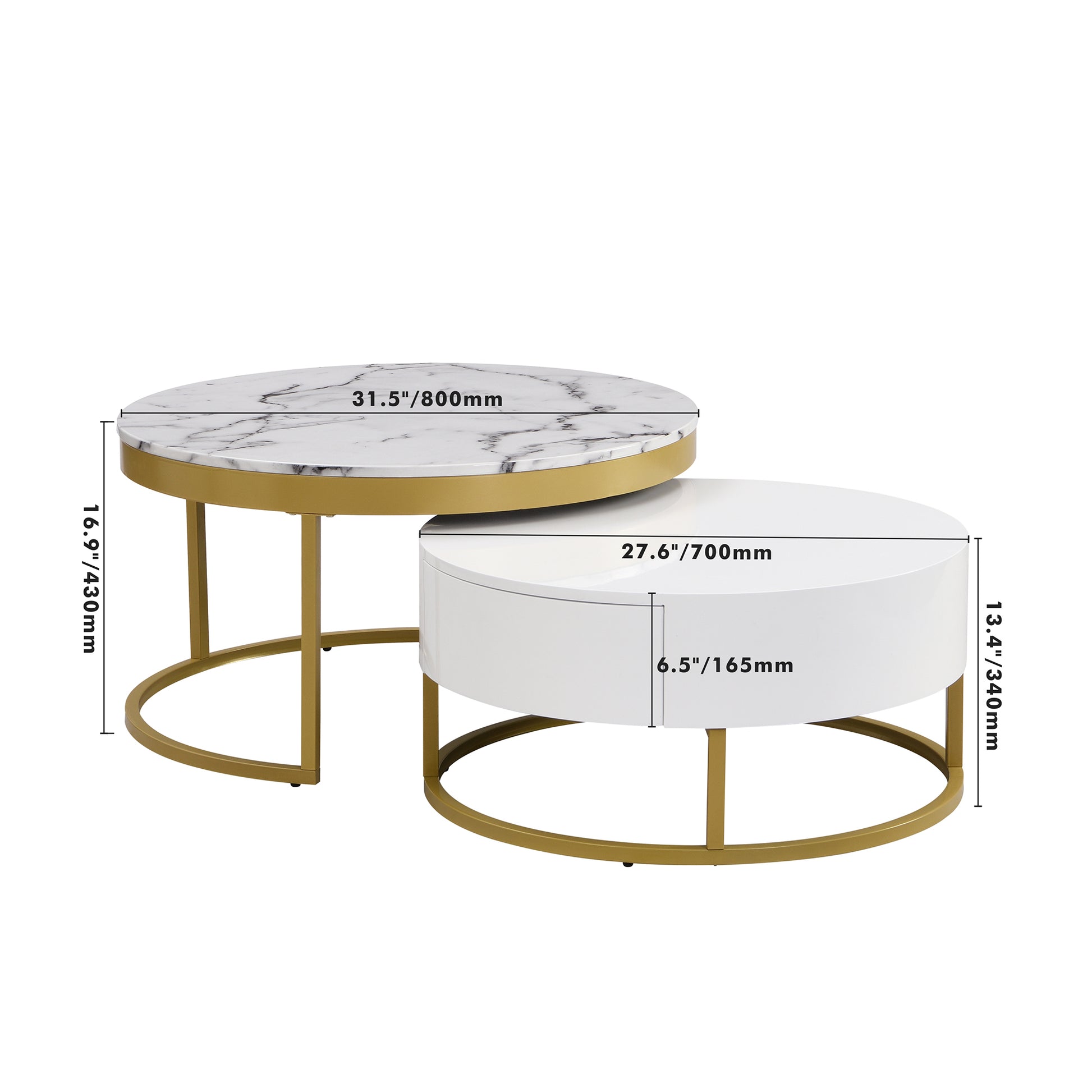 Modern Round Nesting Coffee Table With Drawers In White Golden White Mdf