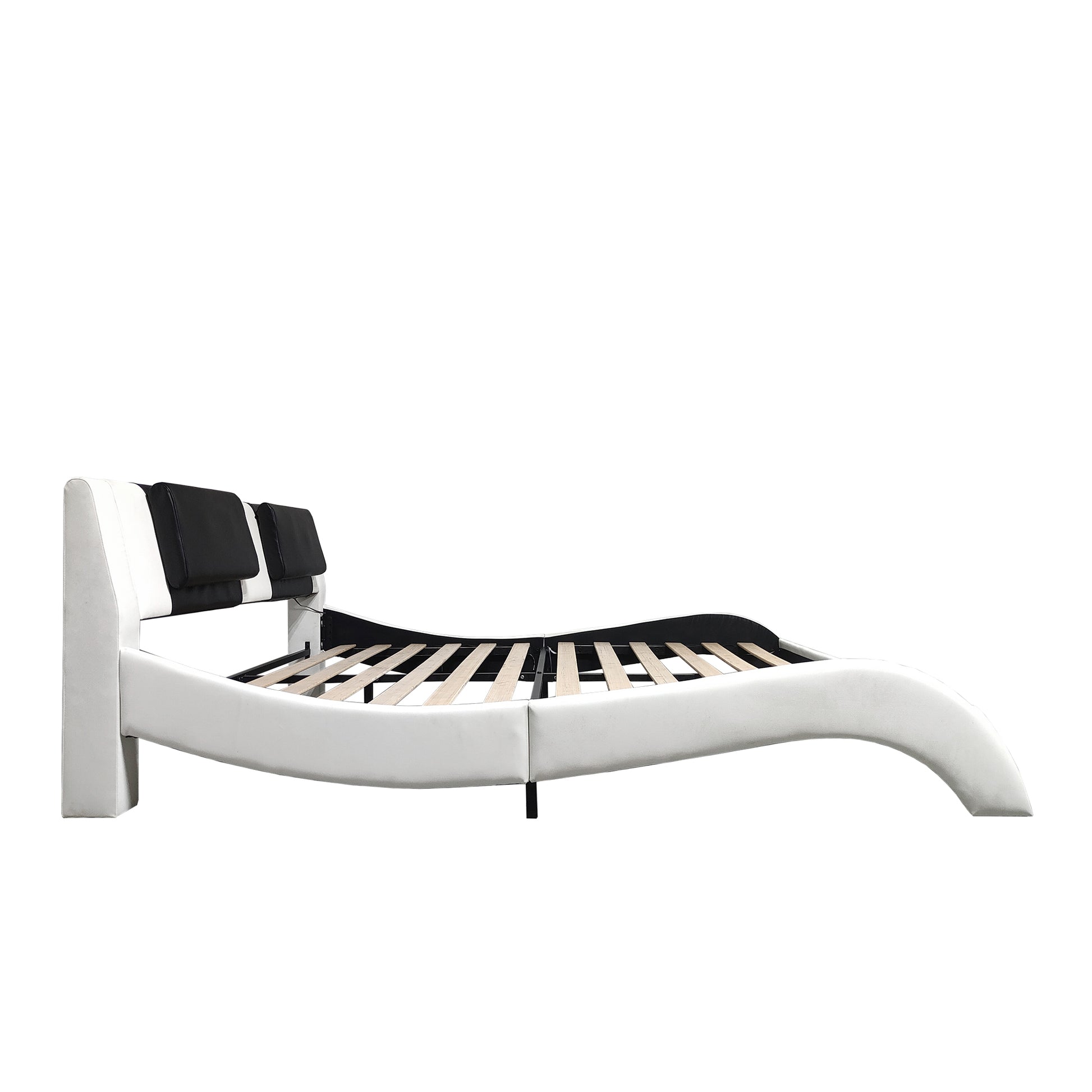 Faux Leather Upholstered Platform Bed Frame With Led Lighting, Bluetooth Connection To Play Music Control, Backrest Vibration Massage, Curve Design, Wood Slat Support, One Carton Package, Queen White Mdf