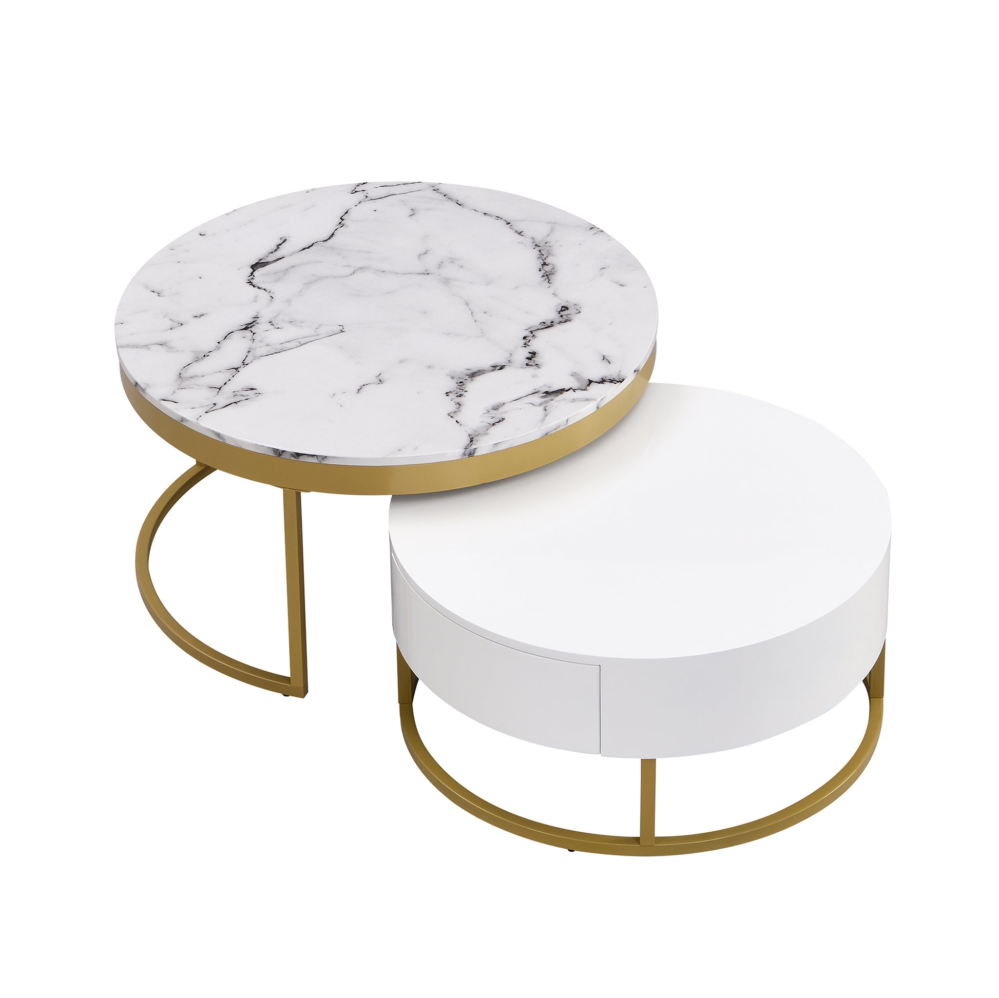 Modern Round Nesting Coffee Table With Drawers In White Golden White Mdf