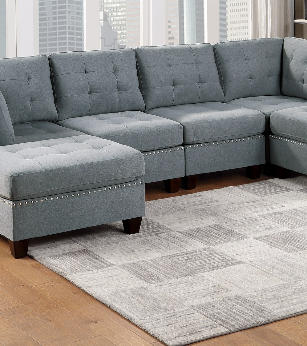 Modular Sectional 6Pc Set Living Room Furniture U Sectional Tufted Nail Heads Couch Gray Linen Like Fabric 2X Corner Wedge 2X Armless Chairs And 2X Ottomans Gray Linen Primary Living Space Tufted Back Contemporary,Modern U Shaped Fabric 6 Seat