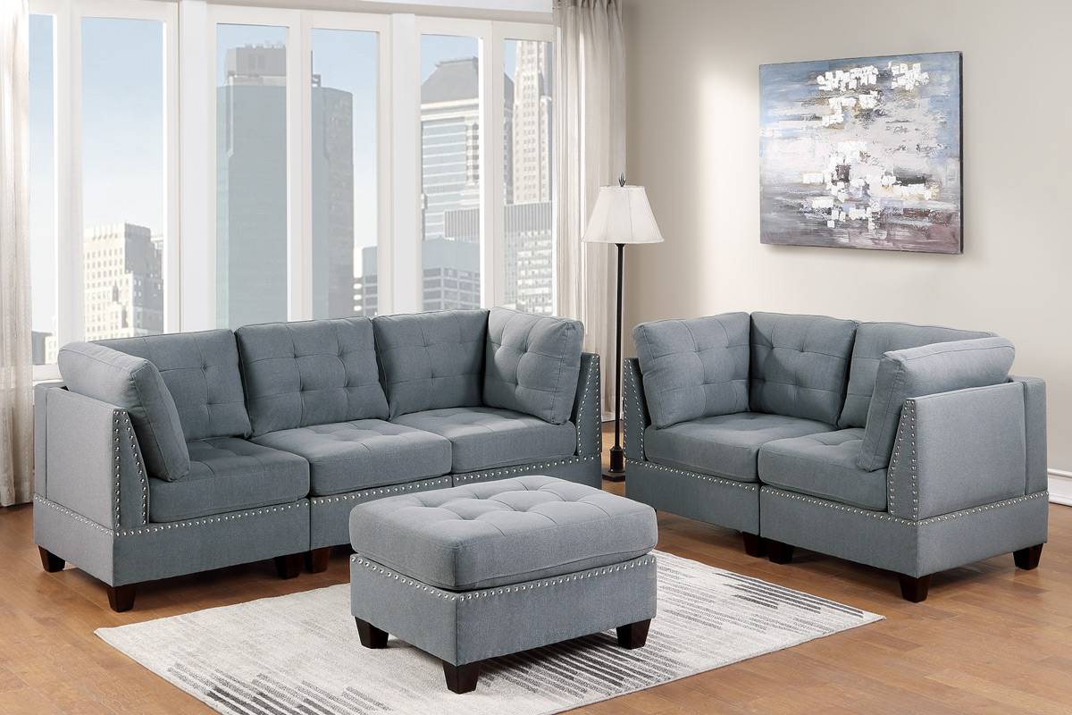 Modular Sofa Set 6Pc Set Living Room Furniture Sofa Loveseat Tufted Couch Nail Heads Gray Linen Like Fabric 4X Corner Wedge 1X Armless Chair And 1X Ottoman Gray Linen Primary Living Space Tufted Back Contemporary,Modern Modular Fabric 6 Seat