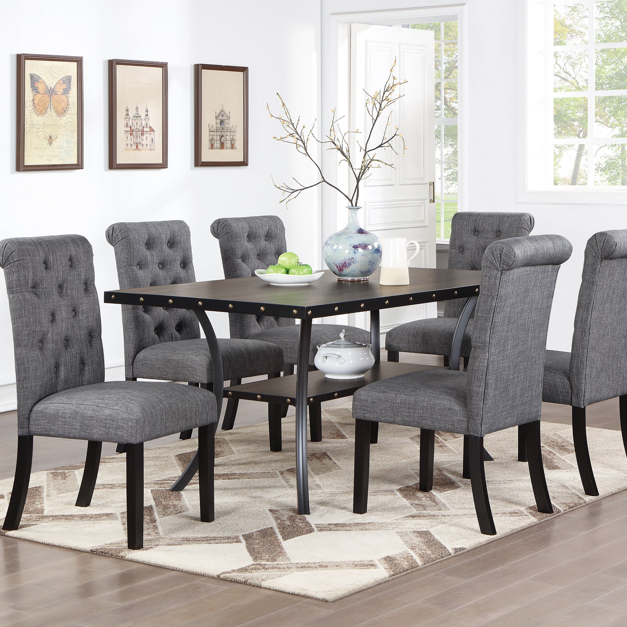 Classic Dining Room Furniture Natural Wooden Rectangle Top Dining Table 6X Side Chairs Charcoal Fabric Tufted Toll Back Top Back Chair And Storage Shelve 7Pc Dining Set Wood Dining Room Rubberwood Rectangular Dining Table With Chair Upholstered Chair