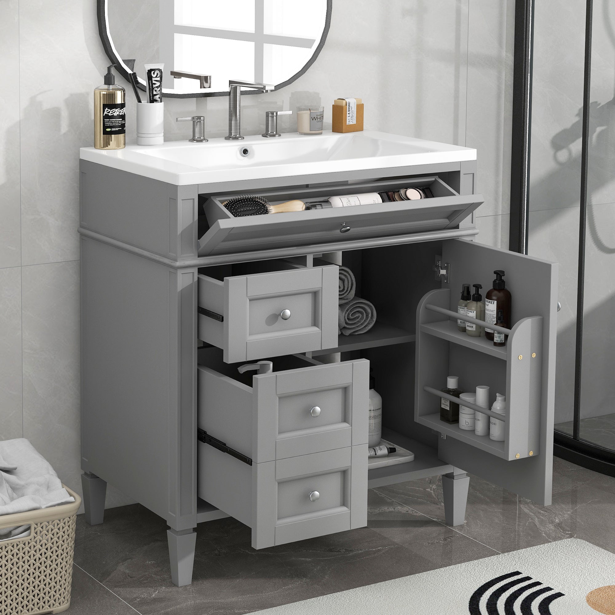 30'' Bathroom Vanity With Top Sink, Modern Bathroom Storage Cabinet With 2 Drawers And A Tip Out Drawer, Single Sink Bathroom Vanity Grey Mdf